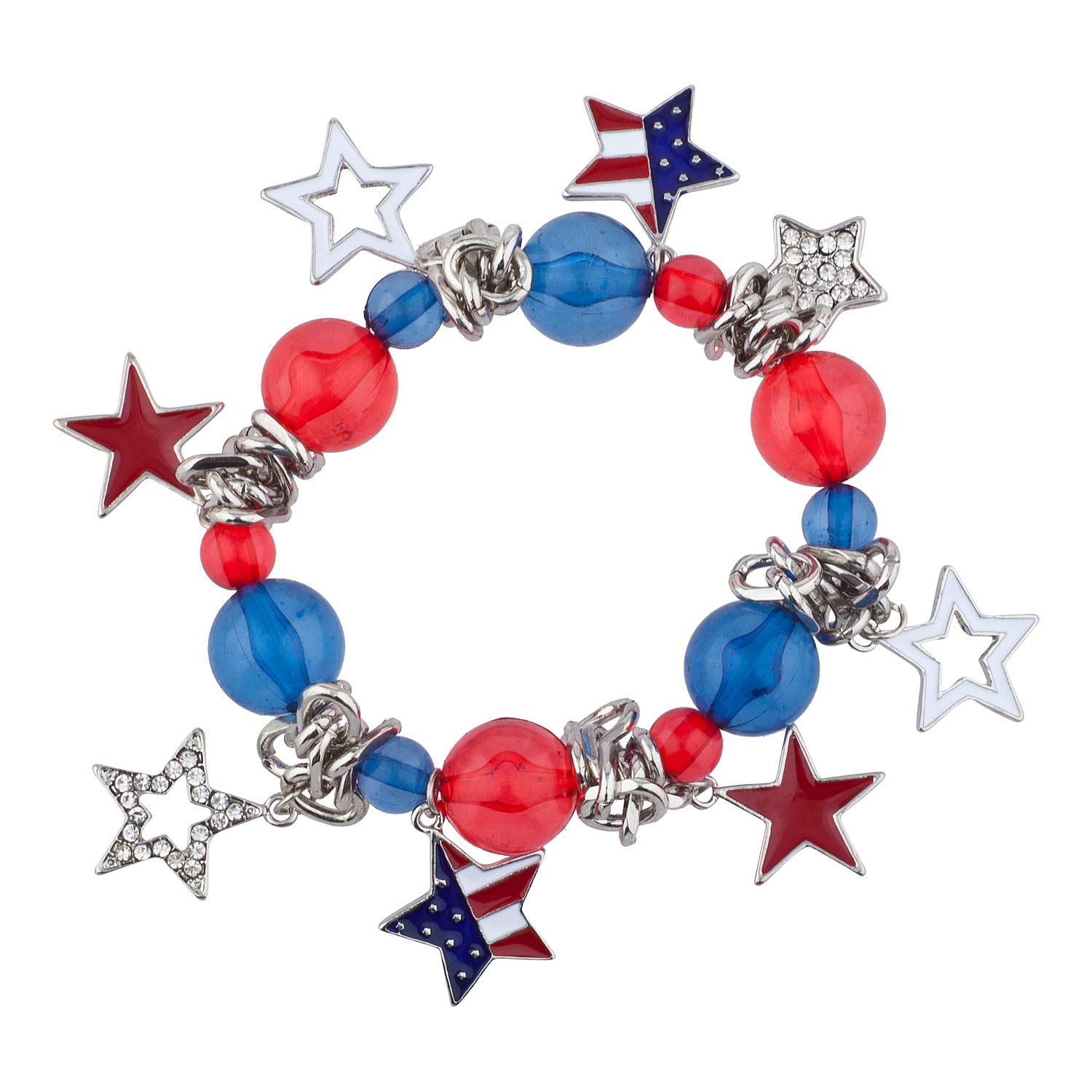 Red White & Blue Beaded American Flag Bracelet - Patriotic Stretch Bracelet with Stars for 4th of July, Memorial Day & Independence Day Celebrations