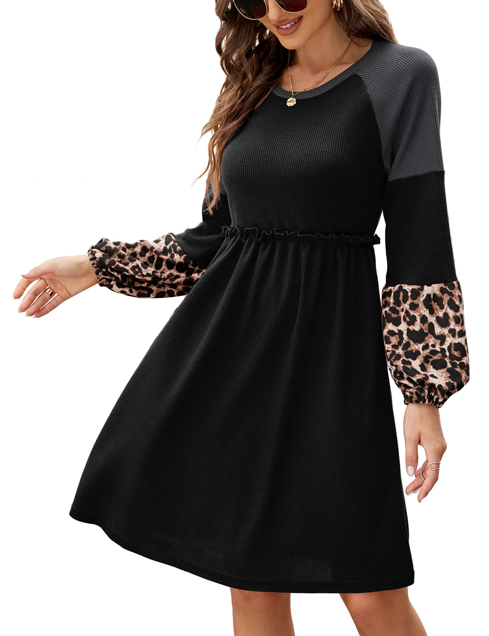 MISSKY Women's Leopard Print Color Block Mini Dress - Long Sleeve Casual Waffle Knit Round Neck Smocked Dress for Party, Date Night & Fall Fashion