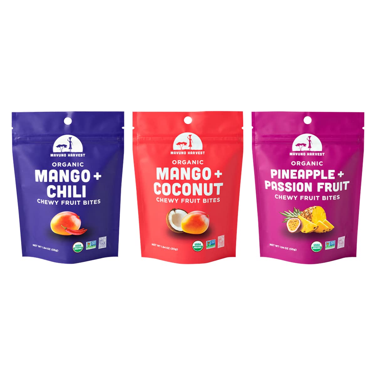 Organic Mavuno Harvest Chewy Fruit Snacks - Healthy Fiber-Rich Snack for Kids & Adults - Non-GMO, No Preservatives, Ethically Sourced - Variety Pack (3 x 1.94oz) - Perfect for Lunchboxes, Office Snacks & On-the-Go Energy Boost