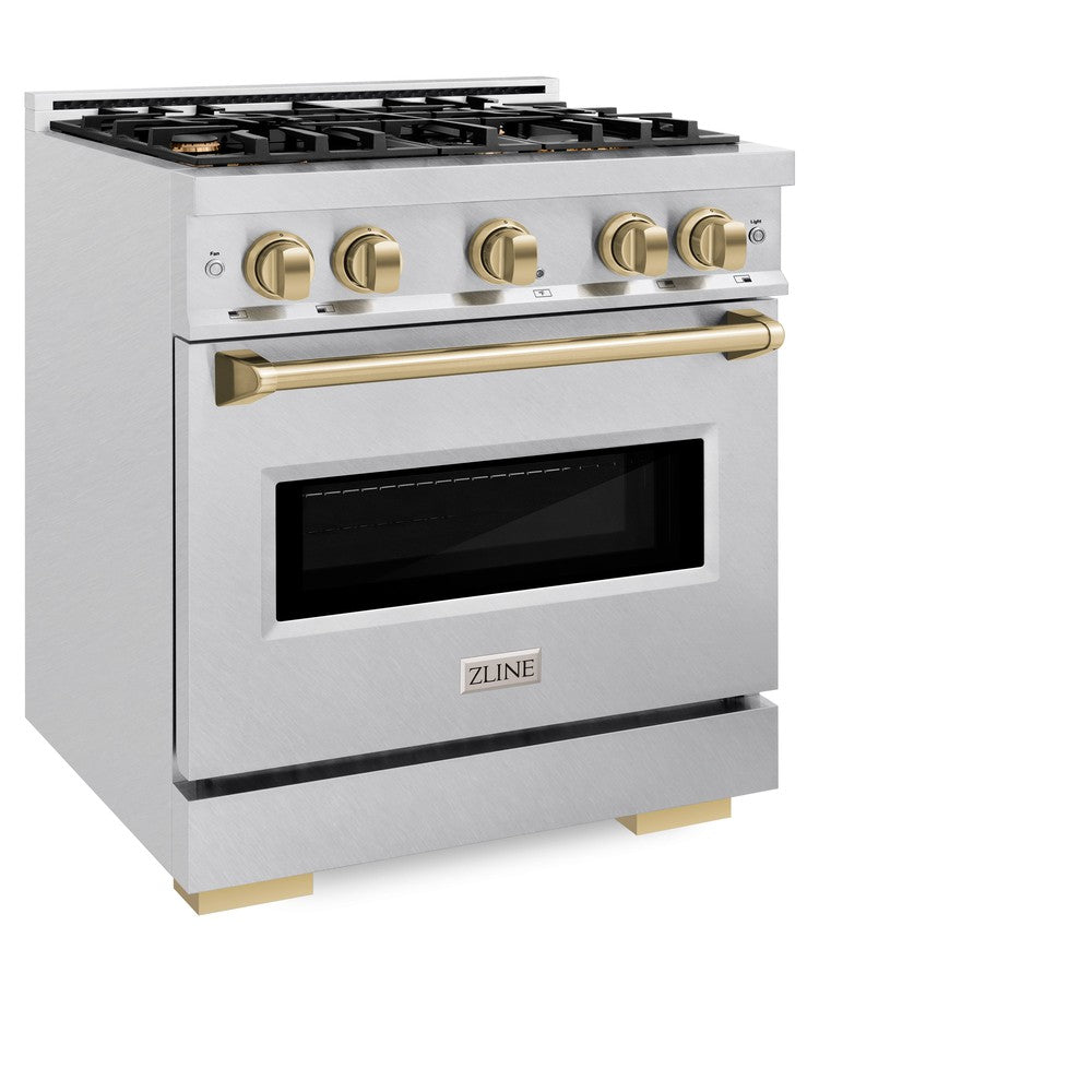 ZLINE Autograph Edition 30-inch 4.2 cu. ft. Classic Gas Range with 4 Burner Cooktop & Convection Gas Oven - Satin Stainless Steel with Champagne Bronze Accents (CGRSZ 30 CB) | Perfect for Home Kitchens & Professional Cooking