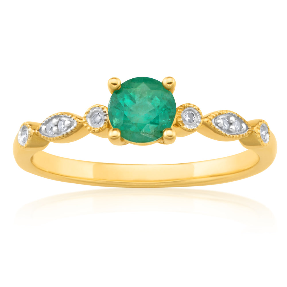 9ct Yellow Gold 0.53ct Natural Emerald and Diamond Ring for Women - Elegant Birthstone Jewelry Gift for Mother's Day, Anniversary or Engagement