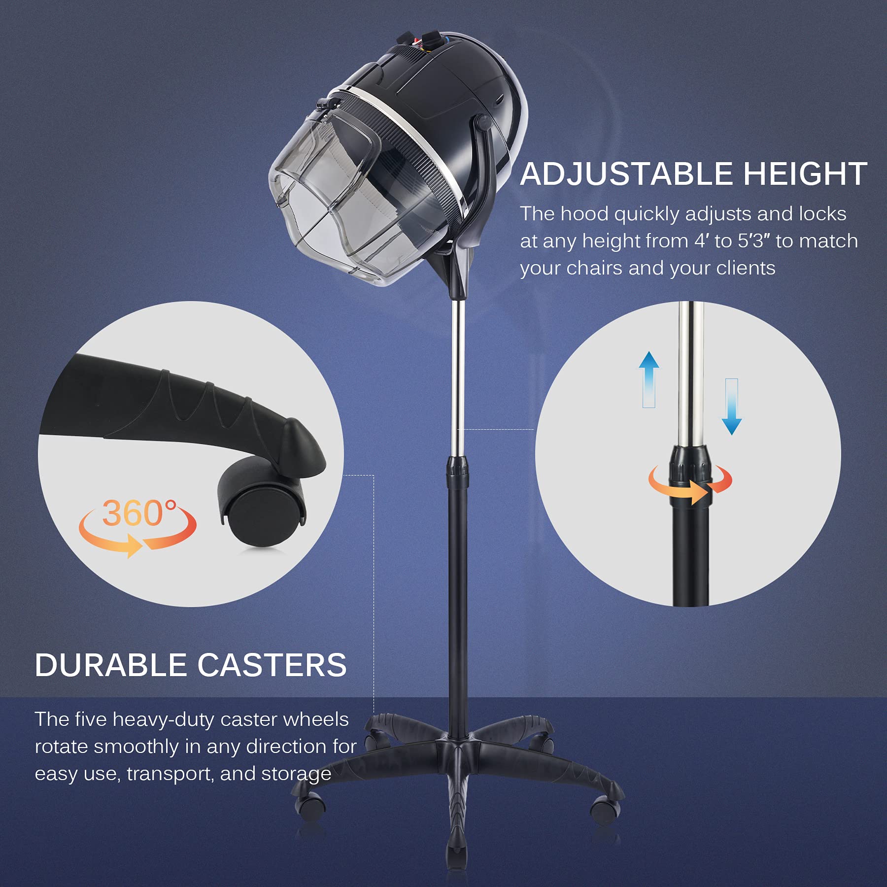 Professional Hooded Hair Dryer with Adjustable Height & Rolling Base - Salon & Home Spa Hair Care Equipment for Styling, Drying & Treatments