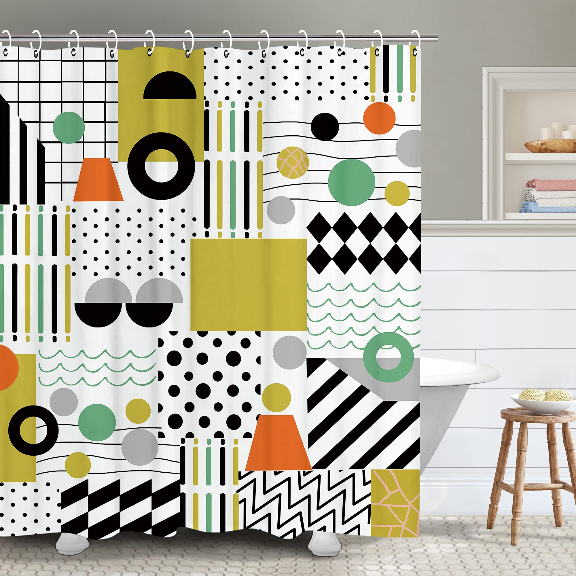 RosieLily Modern Geometric Abstract Shower Curtain - Waterproof Yellow Black White Art Pattern Bathroom Decor with 12 Hooks, 72x72 Inches - Perfect for Contemporary Bathrooms & Spa-Like Showers