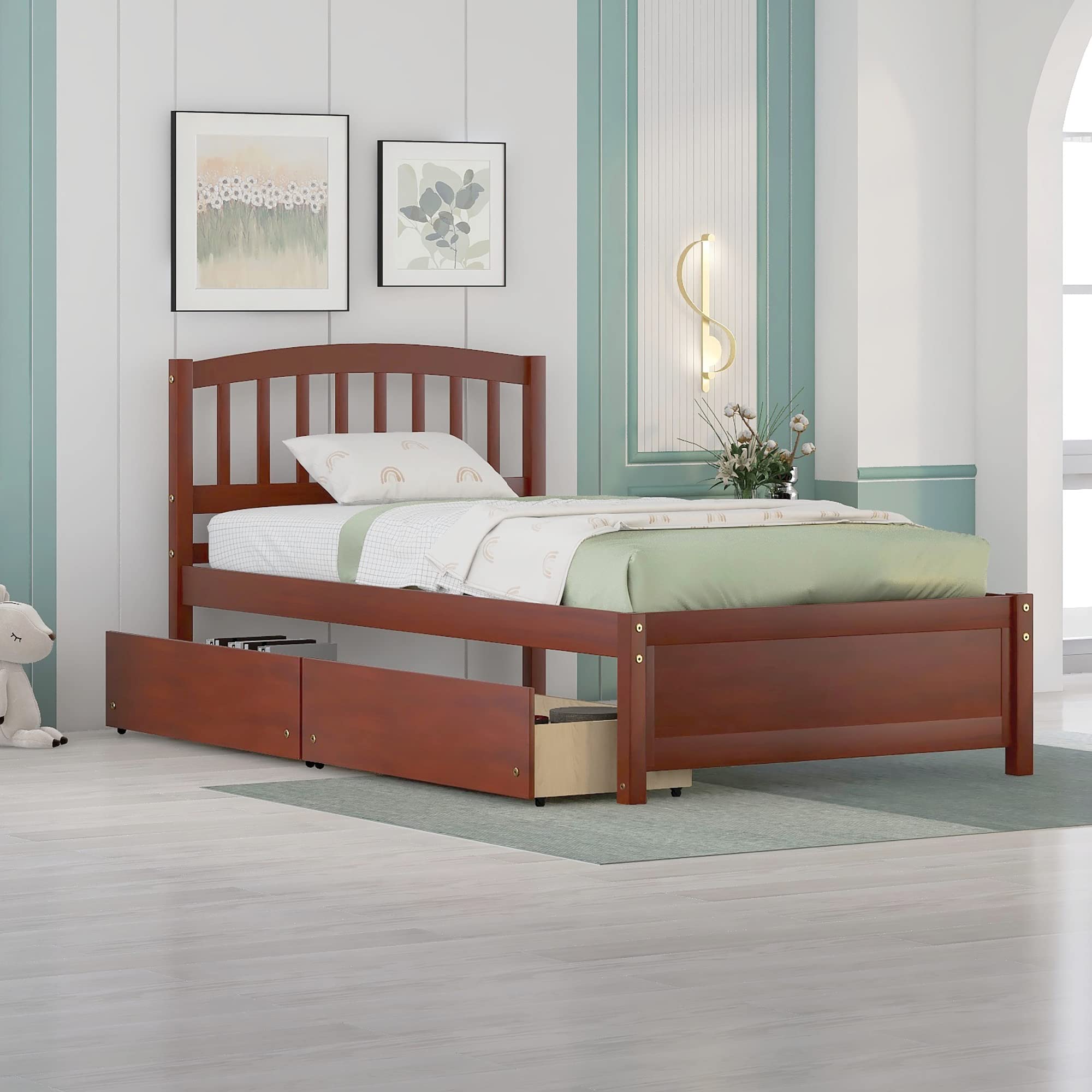 Twin Size Wooden Bed Frame with Storage Drawers, Headboard & Footboard - Solid Walnut Platform Captain Bed for Kids, Teens, and Adults | Perfect for Small Bedrooms, Guest Rooms & Dormitories