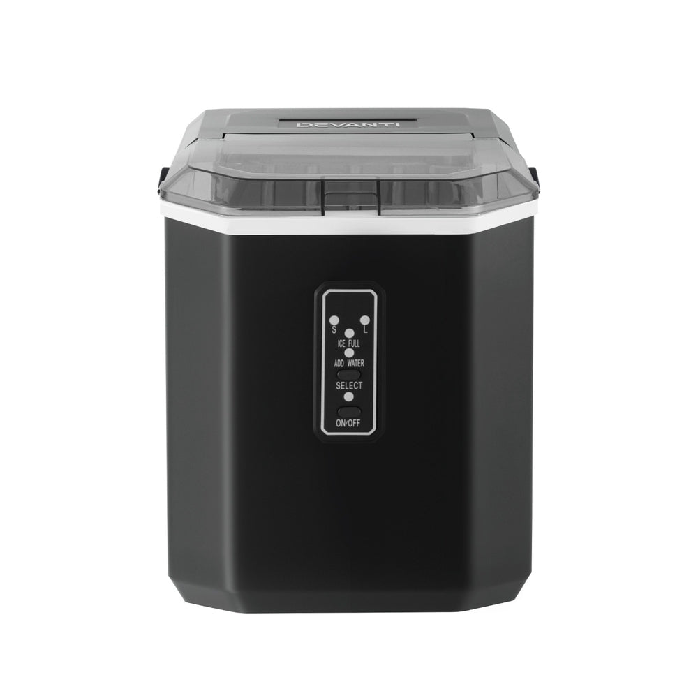 Devanti 12kg (26.5lb) Portable Ice Maker Machine with 1.3L Water Tank & Built-in Scoop Holder - Fast Ice Production for Home, Office, Party, RV & Outdoor Use - Black
