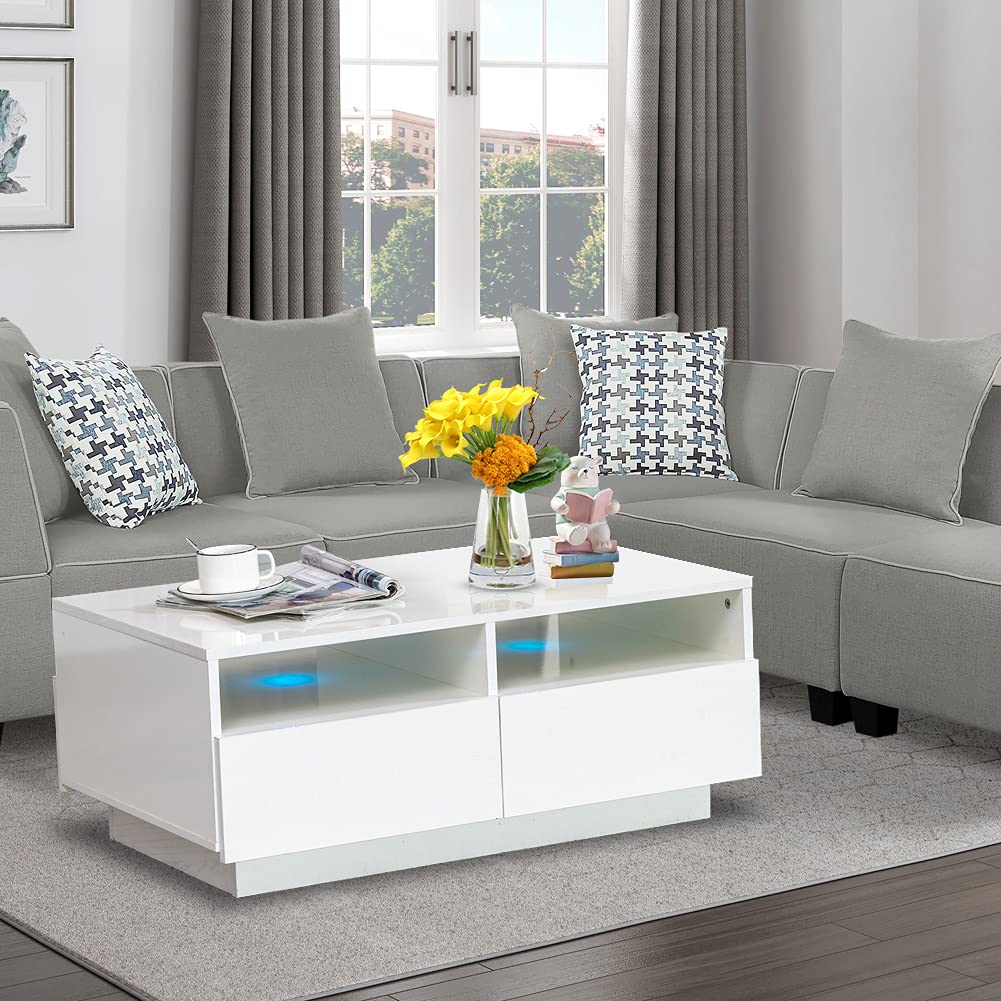 Modern White Glossy LED Coffee Table with 4 Drawers & 2 Open Shelves - Rectangle Sofa Console Table for Living Room & Home Office (33.46
