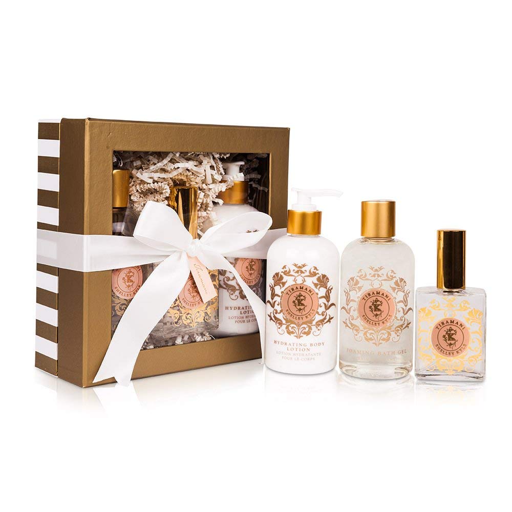 Luxury Shelley Kyle Tiramani Complete Gift Set - Hydrating Body Lotion, Perfume & Foaming Bath Gel in Elegant Cream & Gold Gift Box with Ribbon | Perfect for Birthday, Anniversary & Holiday Gifts for Women
