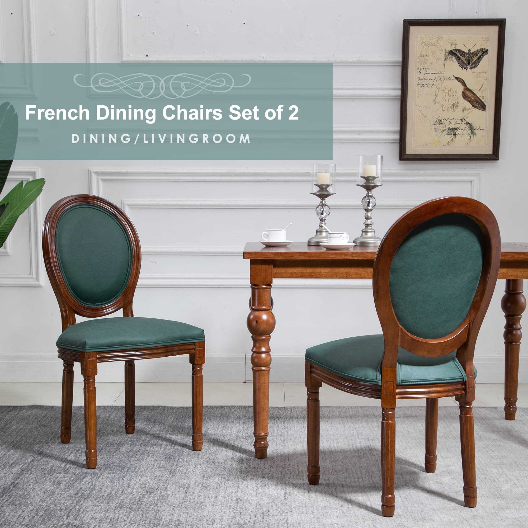 Nrizc French Dining Chairs Set of 2 - Farmhouse Style Round Back Kitchen Chairs with Solid Walnut Wood Legs, Oval Side Chairs for Dining Room, Bedroom or Office | Perfect for Home Decor, Entertaining Guests & Cozy Meals
