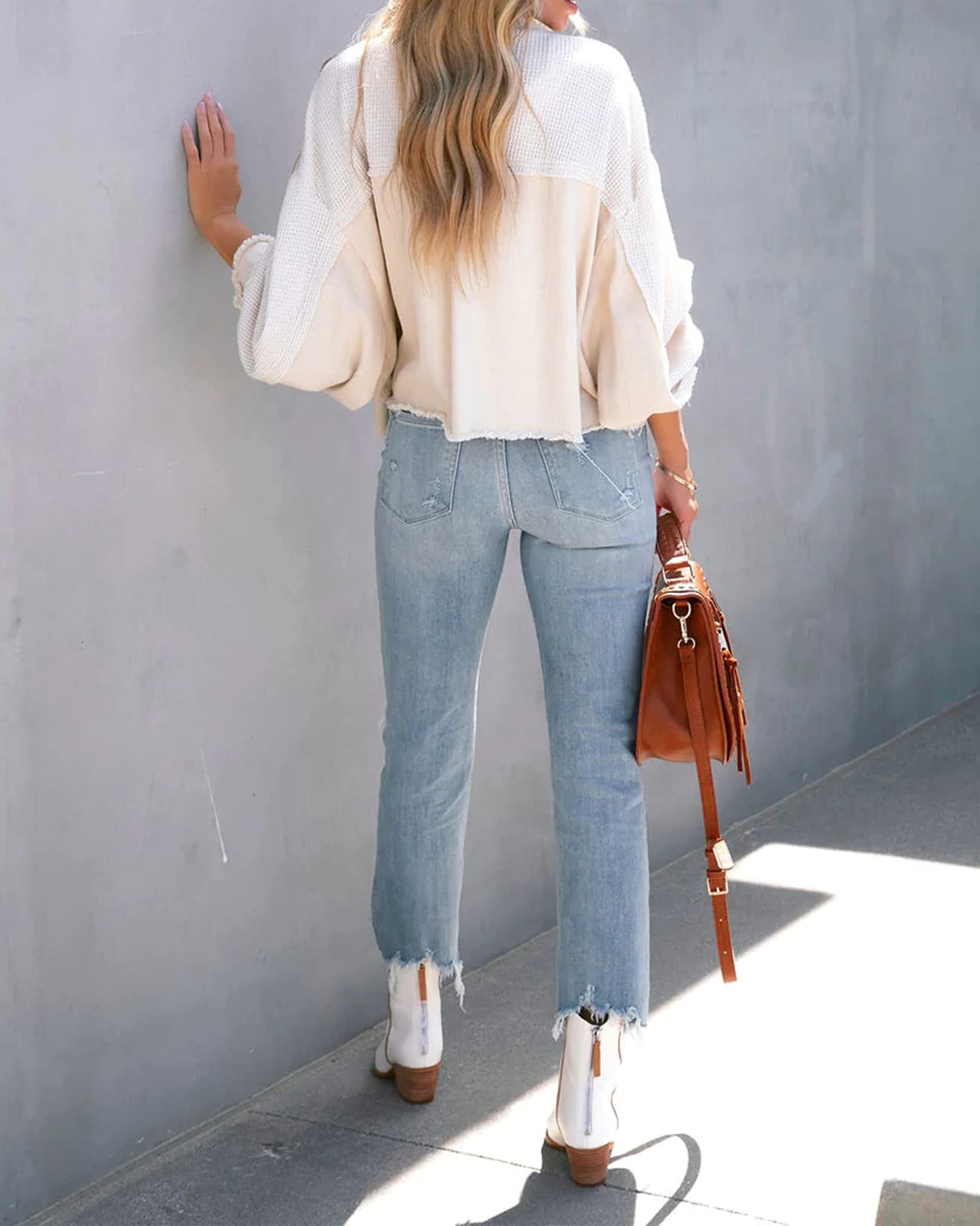 Women's Cropped Waffle Knit Shacket - Denim Stitch Detail Button Down Long Sleeve Loose Jacket Top for Casual Outfits & Layering in Fall/Winter