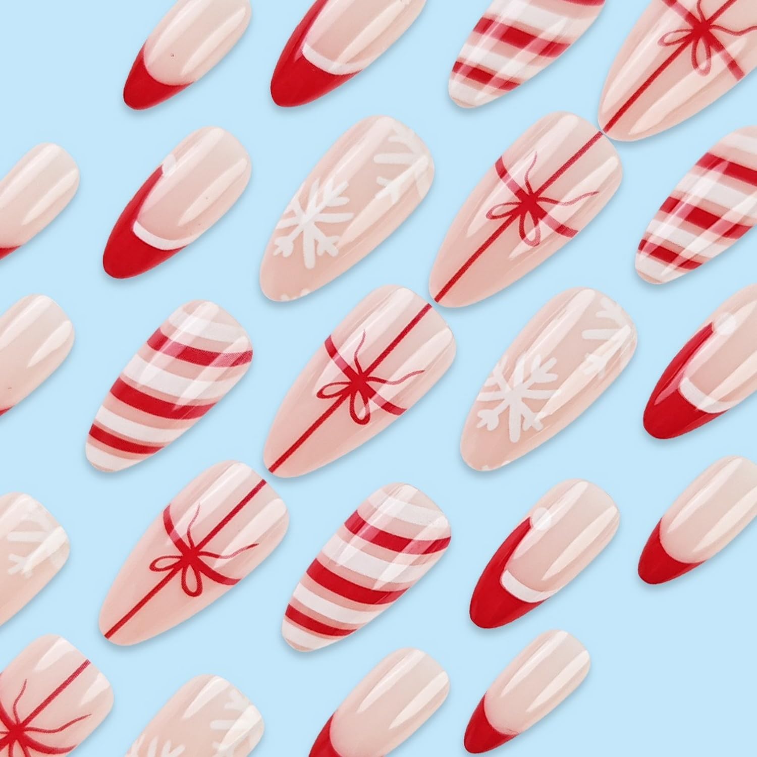 Christmas Press on Nails Short Almond Fake Nails - Xmas Red & White Stripes with Snowflake Santa Hat Bow Design - 24Pcs Full Cover Acrylic Nails Kit for Women - Perfect for Holiday Parties, Gift Giving & Festive Manicures