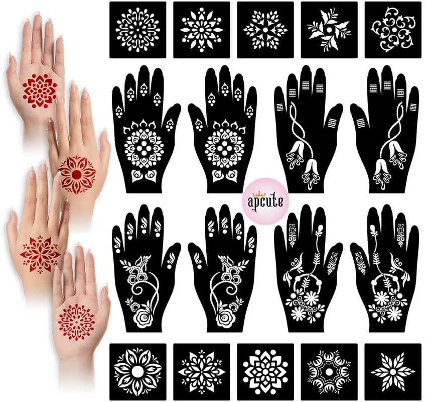 Apcute Temporary Mehndi Tattoo Henna Stickers Set - 18 Piece Combo Pack for Women, Girls & Kids | Easy 4-Step Application | Perfect for Weddings, Festivals & DIY Body Art