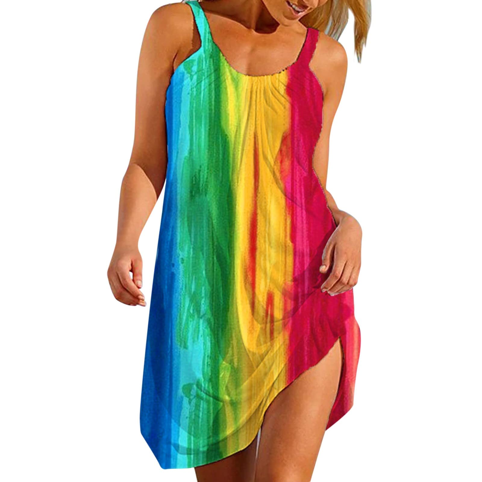 BOOBILY Women's Boho Gradient Print Sleeveless Beach Dress - Flowy Round Neck Summer Vacation Sundress for Pool Party, Seaside Getaway & Tropical Holiday