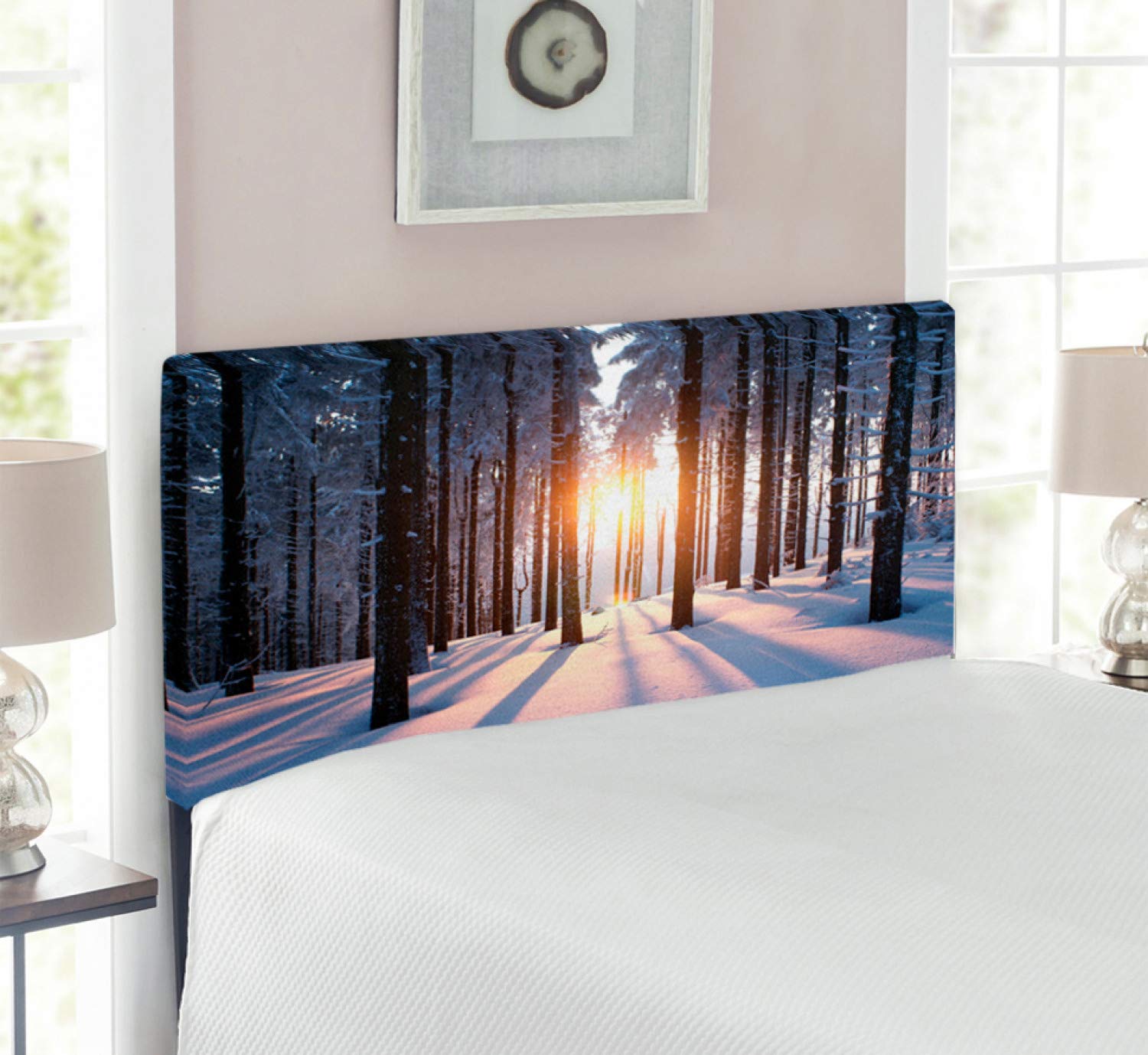 Ambesonne Winter Upholstered Headboard - Twin Size Brown & White Memory Foam Bed Headboard with Mystical Sunset Woodland Design | Cozy Bedroom Decor for Winter, Guest Room & Dormitory