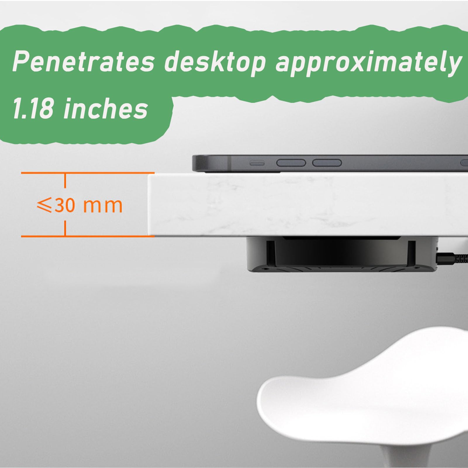 Invisible Under Desk Wireless Charger for iPhone 15/14/13 Pro Max - 15-30mm Thickness, No Sticker Needed (Includes Adapter) - Perfect for Office, Home & Gaming Setup