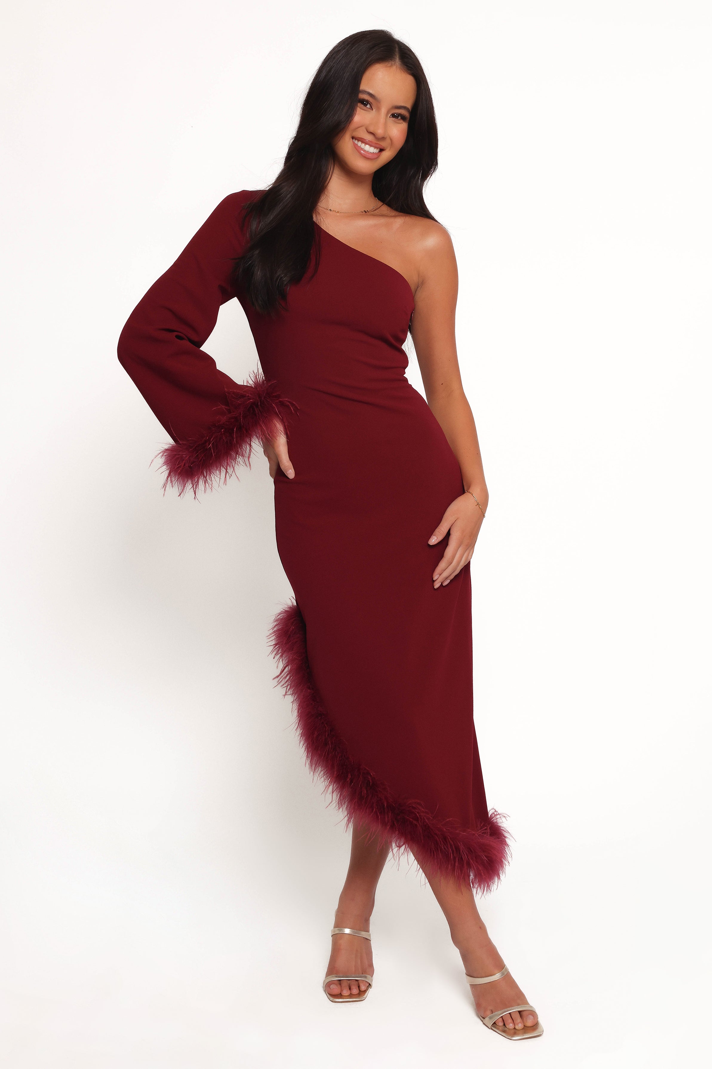 Elegant One Shoulder Midi Dress in Deep Wine Red - Perfect for Cocktail Parties, Date Nights & Special Occasions