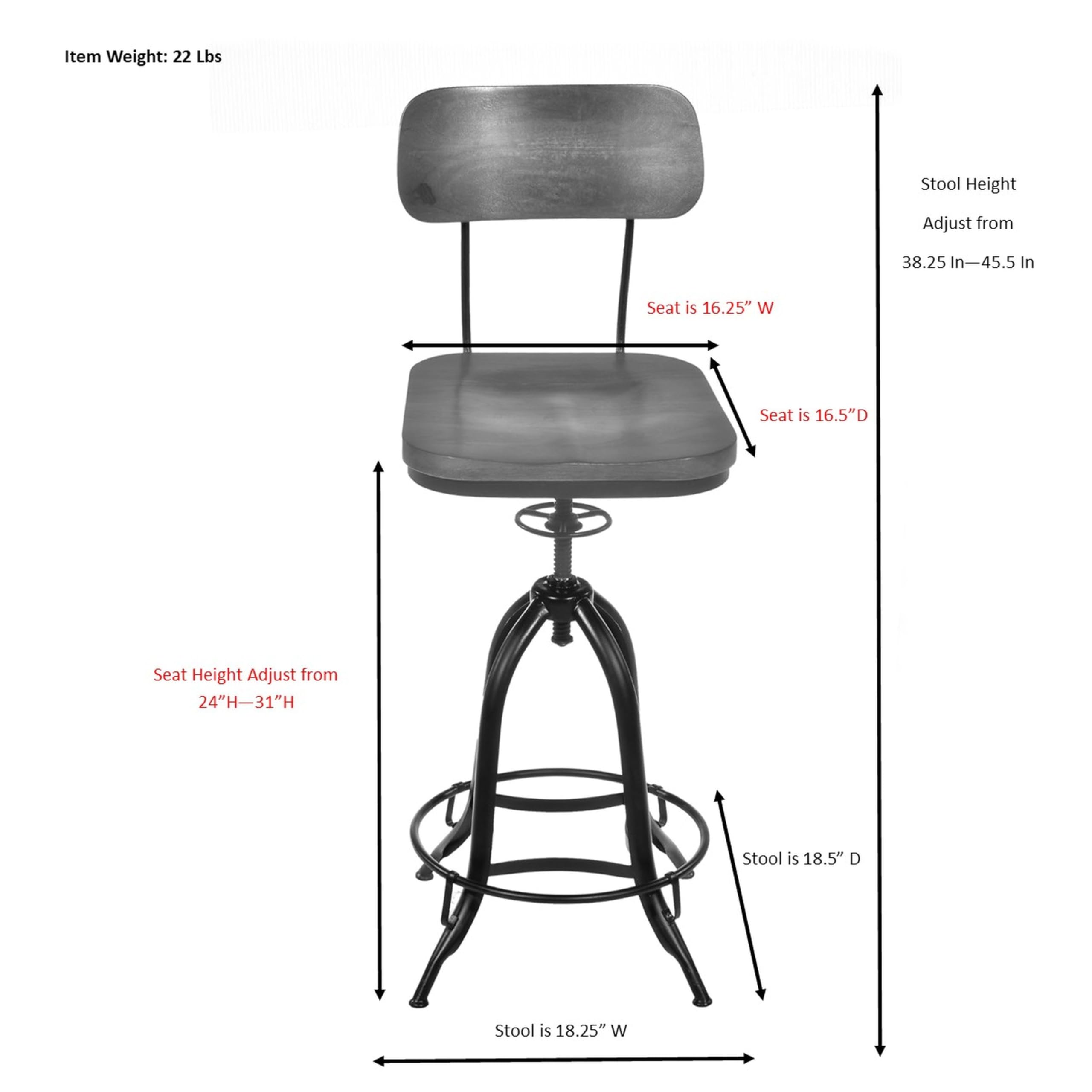 Adjustable Wood Barstool - Chestnut & Black for Kitchen & Bar