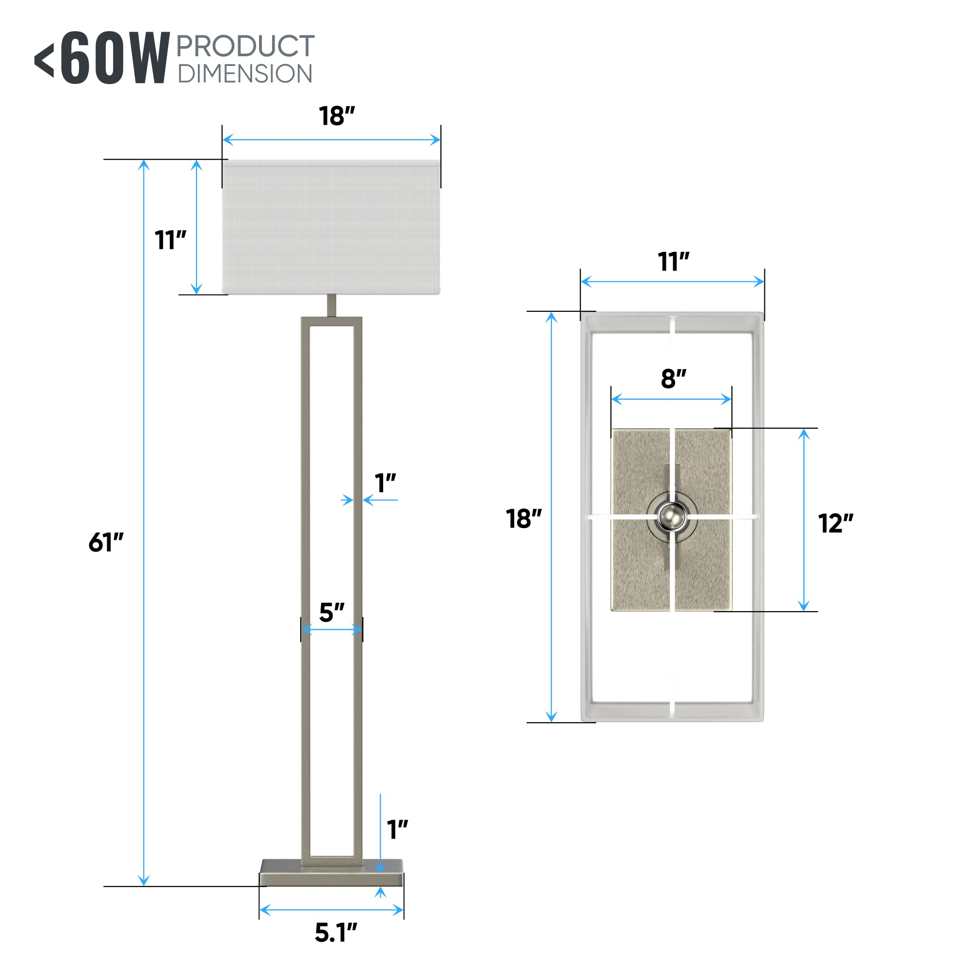 Modern 61-inch LED Floor Lamp for Living Room - Brushed Nickel Finish, Pure White Linen Shade, Corner Standing Lamp with On/Off Switch, E26 Base (Bulb Not Included) - Perfect for Reading Nook, Bedroom Lighting & Home Office Decor
