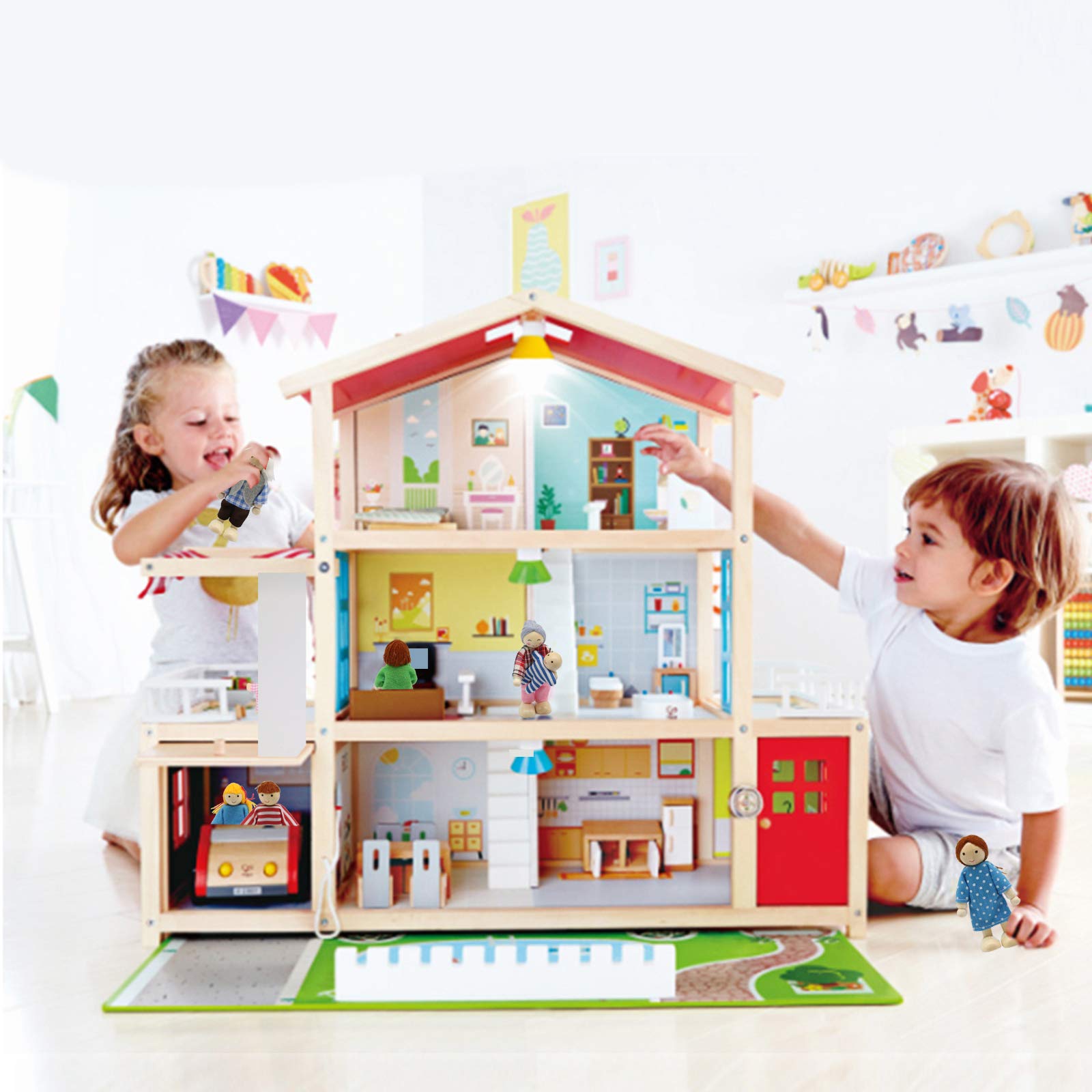 Wooden Dollhouse Family Set - 8 Miniature Doll Figurines for Dollhouse Accessories, Perfect for Kids & Girls Playtime, Pretend Play, and Collectors