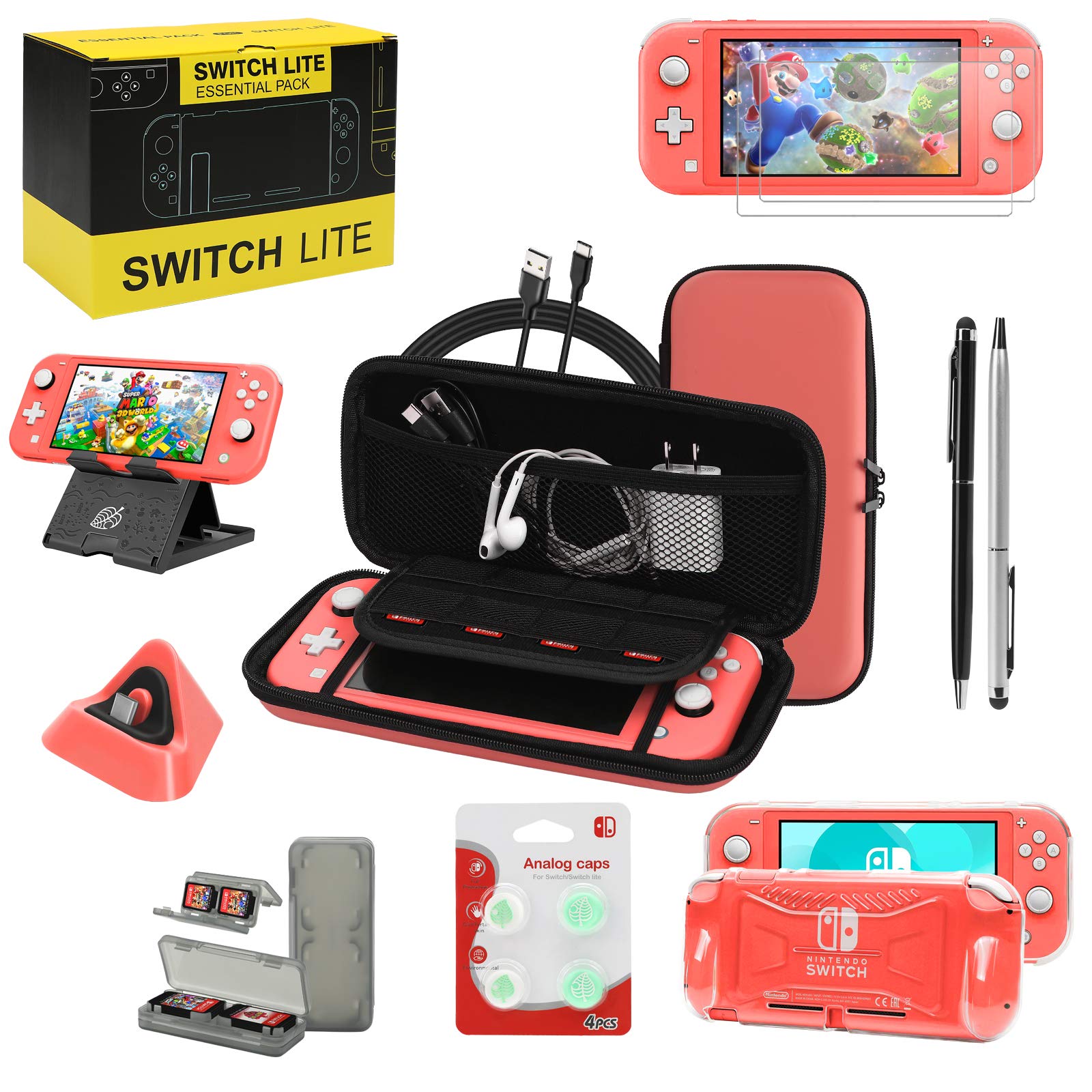 Nintendo Switch Lite Accessories Bundle - Protective TPU Case, Carrying Case, Screen Protector, Charging Dock, Playstand, Game Case, USB Cable, Stylus & Thumb Grips | Perfect for Travel, Gaming On-The-Go & Home Entertainment
