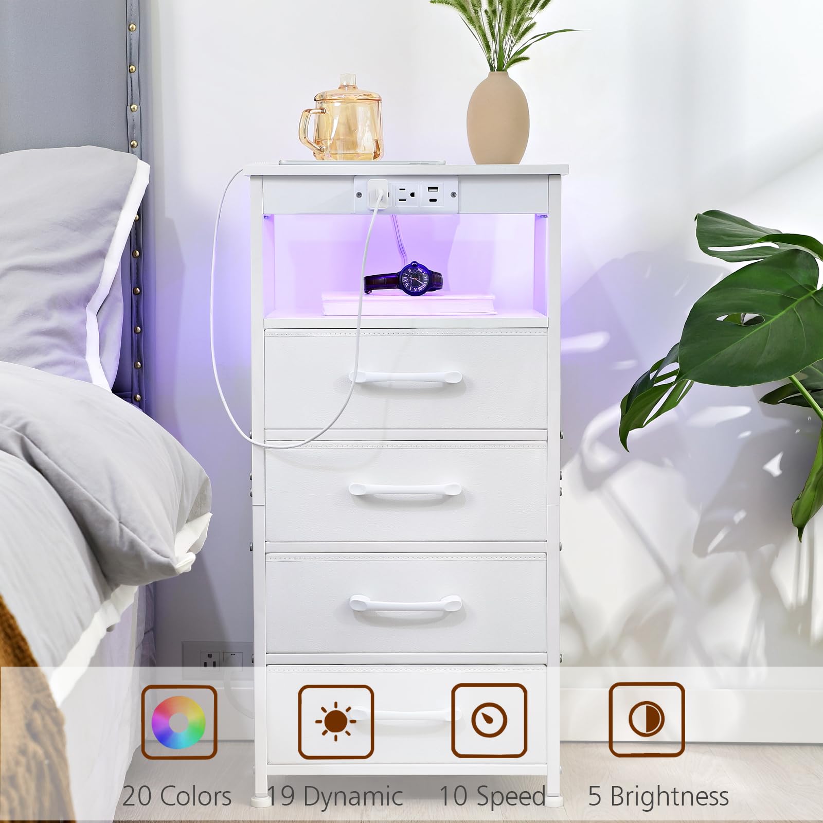 Modern White LED Nightstand with USB-C Charging Station & Outlets - Tall Bedroom Dresser with 4 Fabric Drawers - Side End Table for Bedroom, Living Room & Office - HNS124WT-1