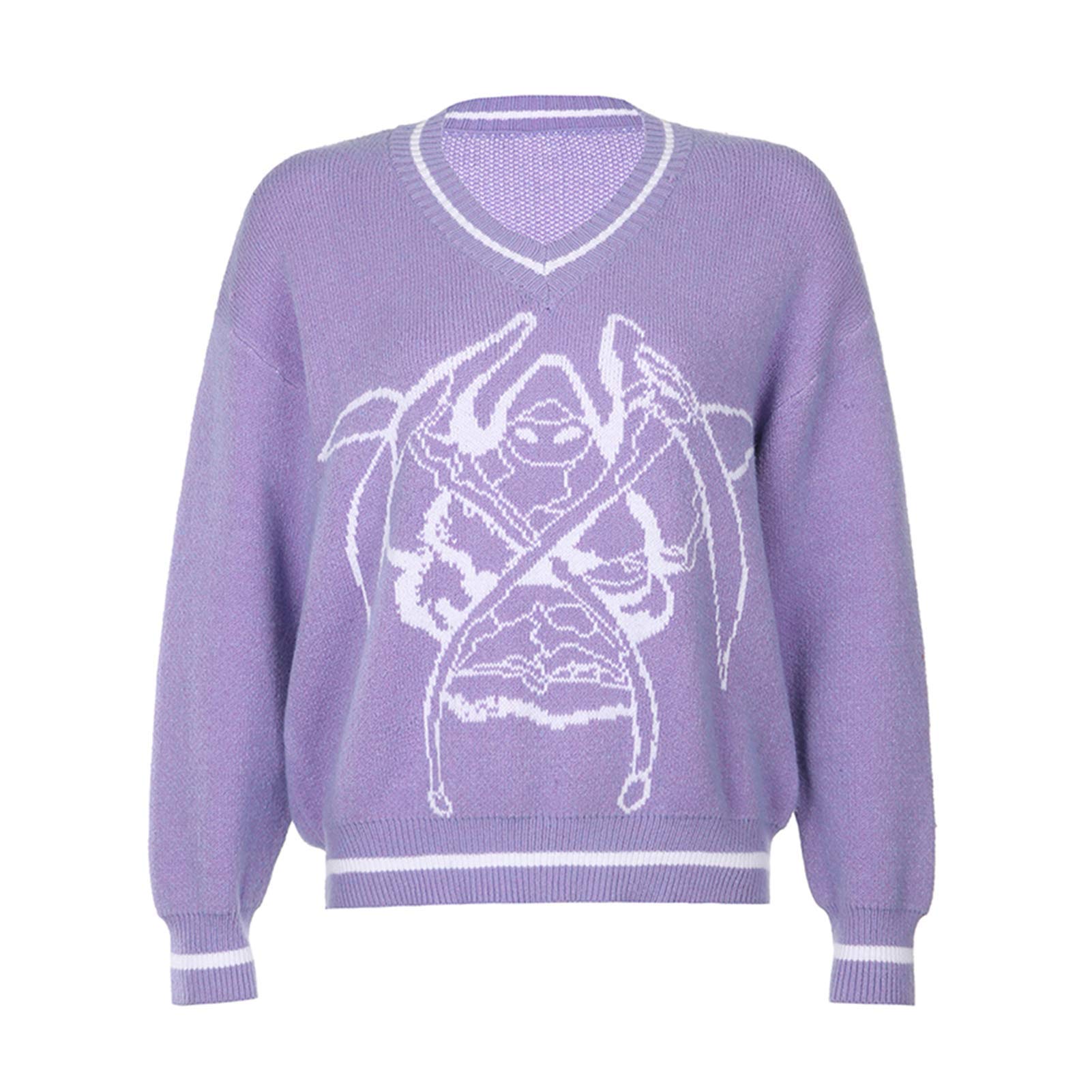 iSayhong Women's V-Neck Skull Print Argyle Pullover Sweater - Long Sleeve Y2K Knitwear for Spring & Fall - Casual Outfit for Streetwear, Date Night & Office Wear