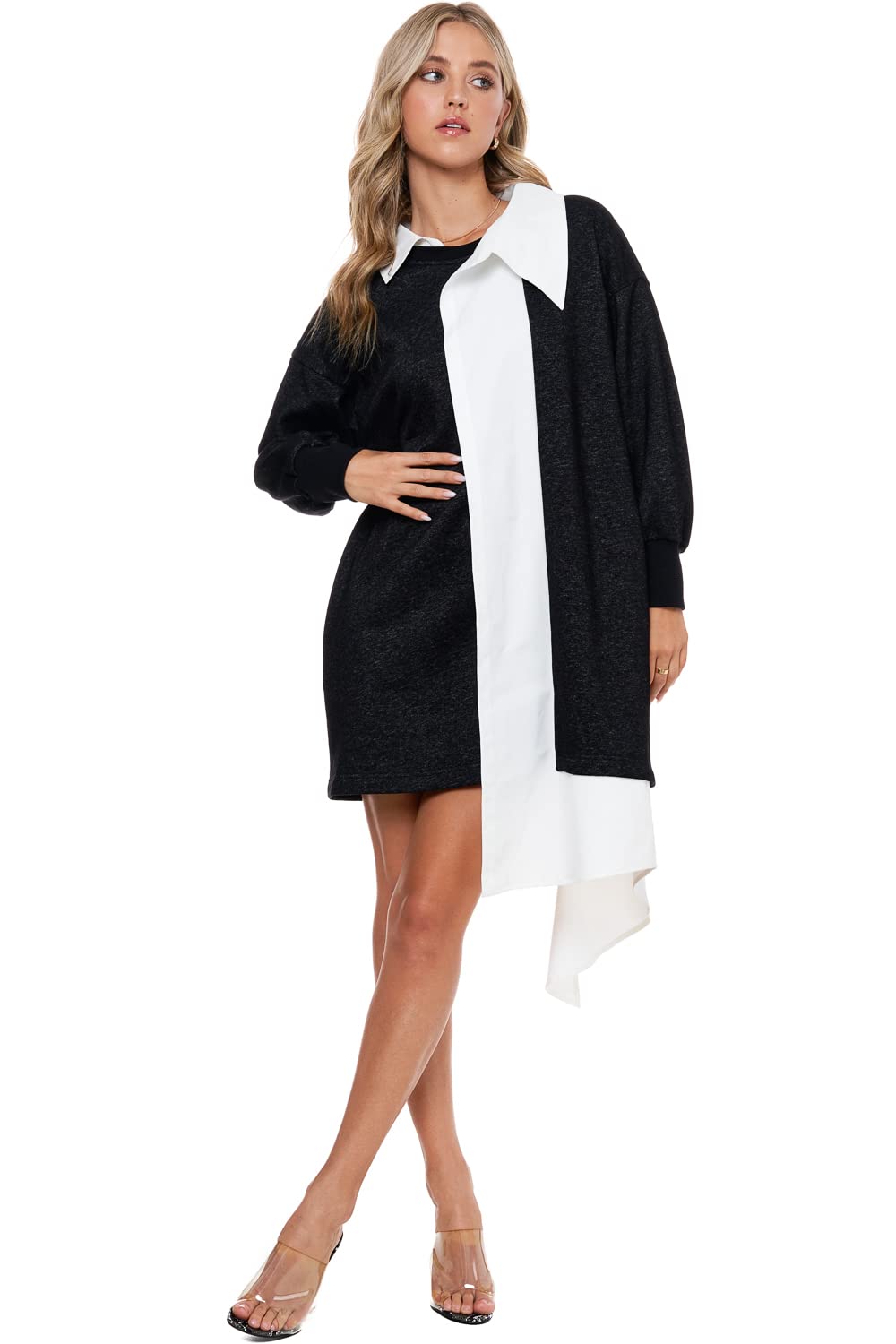Tov Twofer Knit Long Sleeve Shirt Dress for Women - Casual Stretchy Comfortable Tunic Top with Pockets | Perfect for Work, Date Night & Everyday Wear