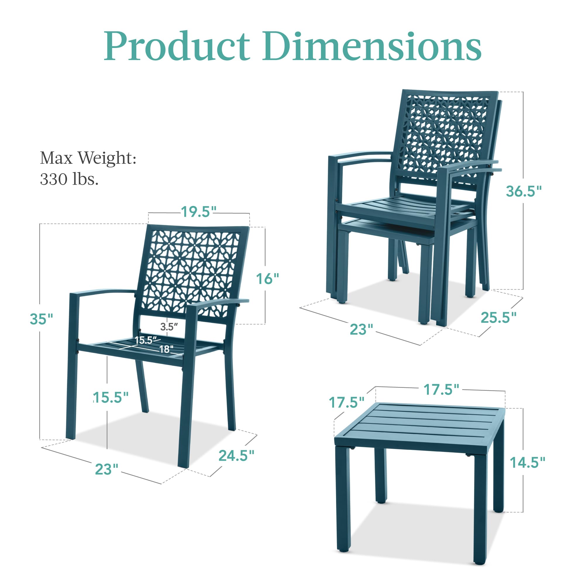 Best Choice Products 3-Piece Outdoor Bistro Set - Stackable Modern Steel Patio Furniture with 2 Chairs & Table for Porch, Garden, Balcony - Geometric Decor in Peacock Blue - Perfect for Small Spaces & Outdoor Dining