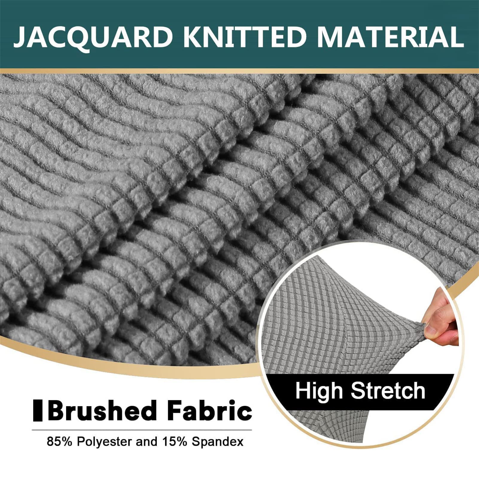 Stretch Jacquard Knitted 3-Piece Sofa Cover Set with 2 Large T-Cushion Covers - 71-96 Inch Couch Protector Slipcover (Grey) - Perfect for Living Room Furniture Protection & Home Decor