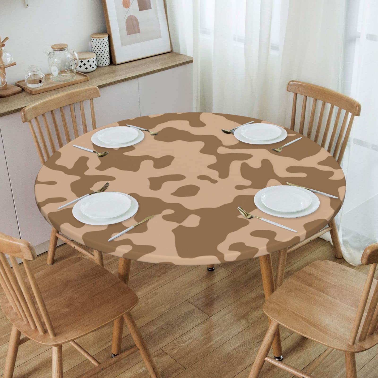Waterproof Elastic Stretch Camouflage Brown Round Tablecloth - Wipeable & Durable Table Cover for Indoor/Outdoor Parties, Dinners & Events - Perfect Decor for Round Tables (Fits 48-60 inch)