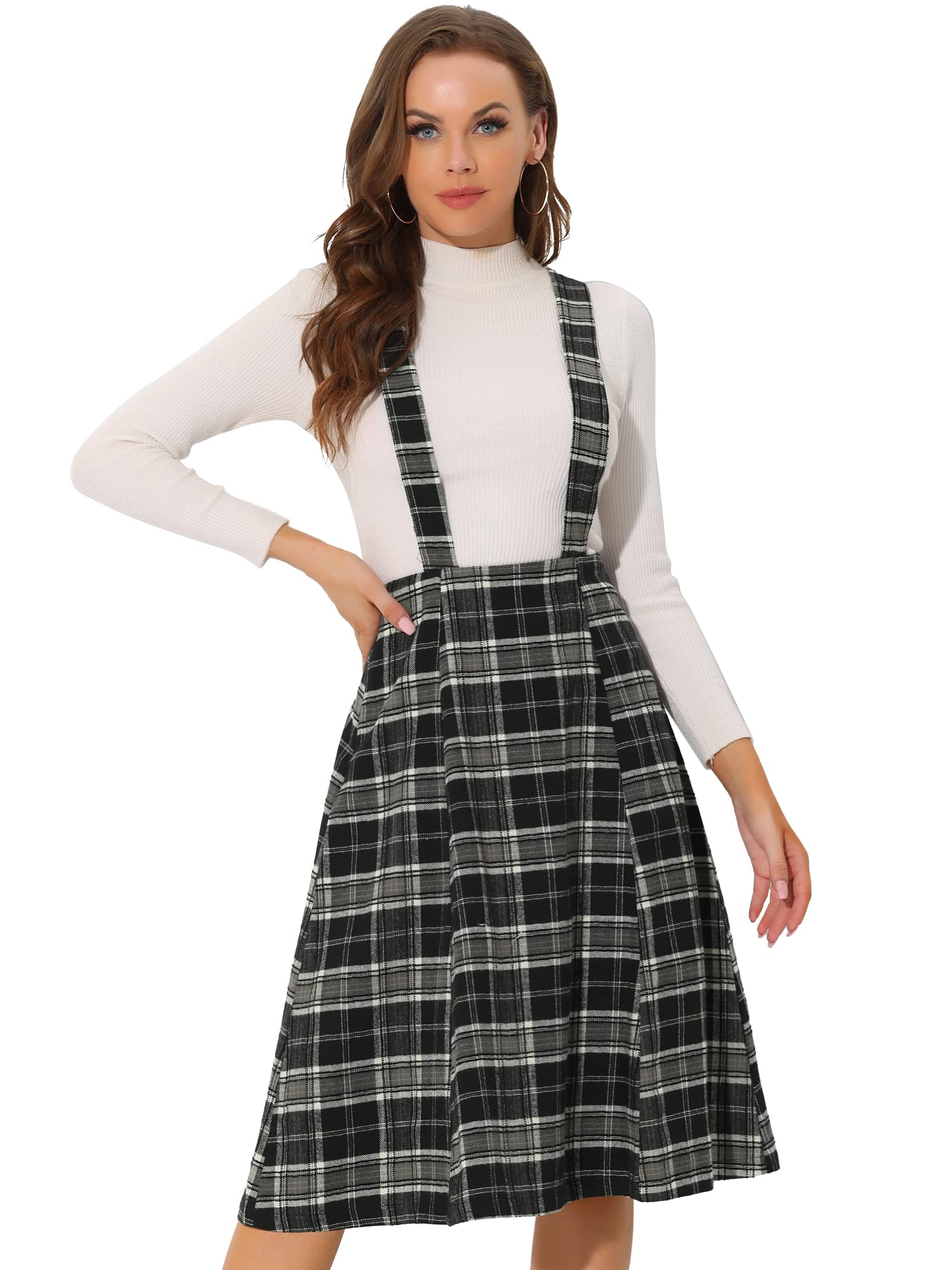 Allegra K Women's Vintage Plaid A-Line Overalls Dress with Suspenders | Tartan Midi Skirt | Casual Outfit for Fall, Date Night & Office Wear
