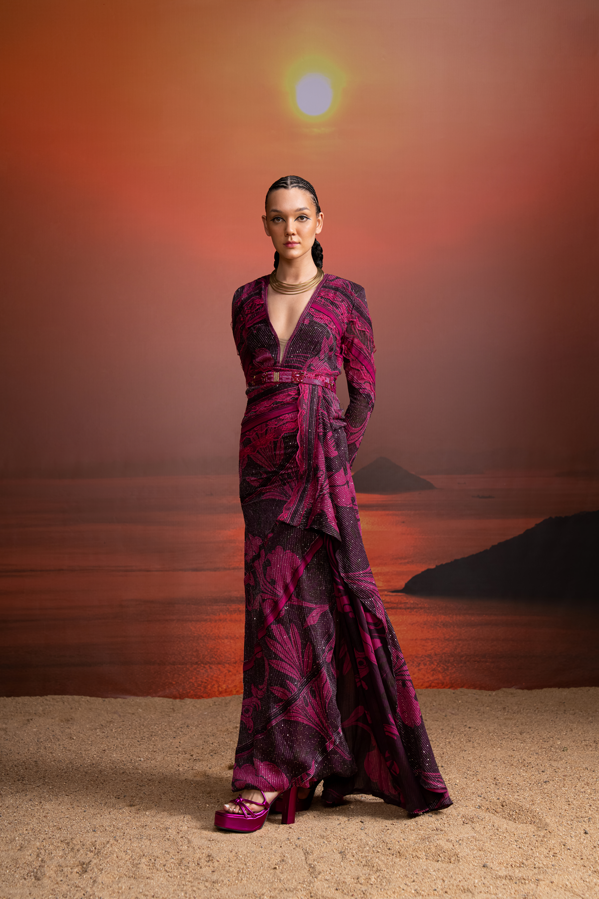 Fuchsia Swirl Printed Chantilly Lace Detailed Draped Dress for Women - Elegant Evening Gown for Parties, Weddings & Special Occasions
