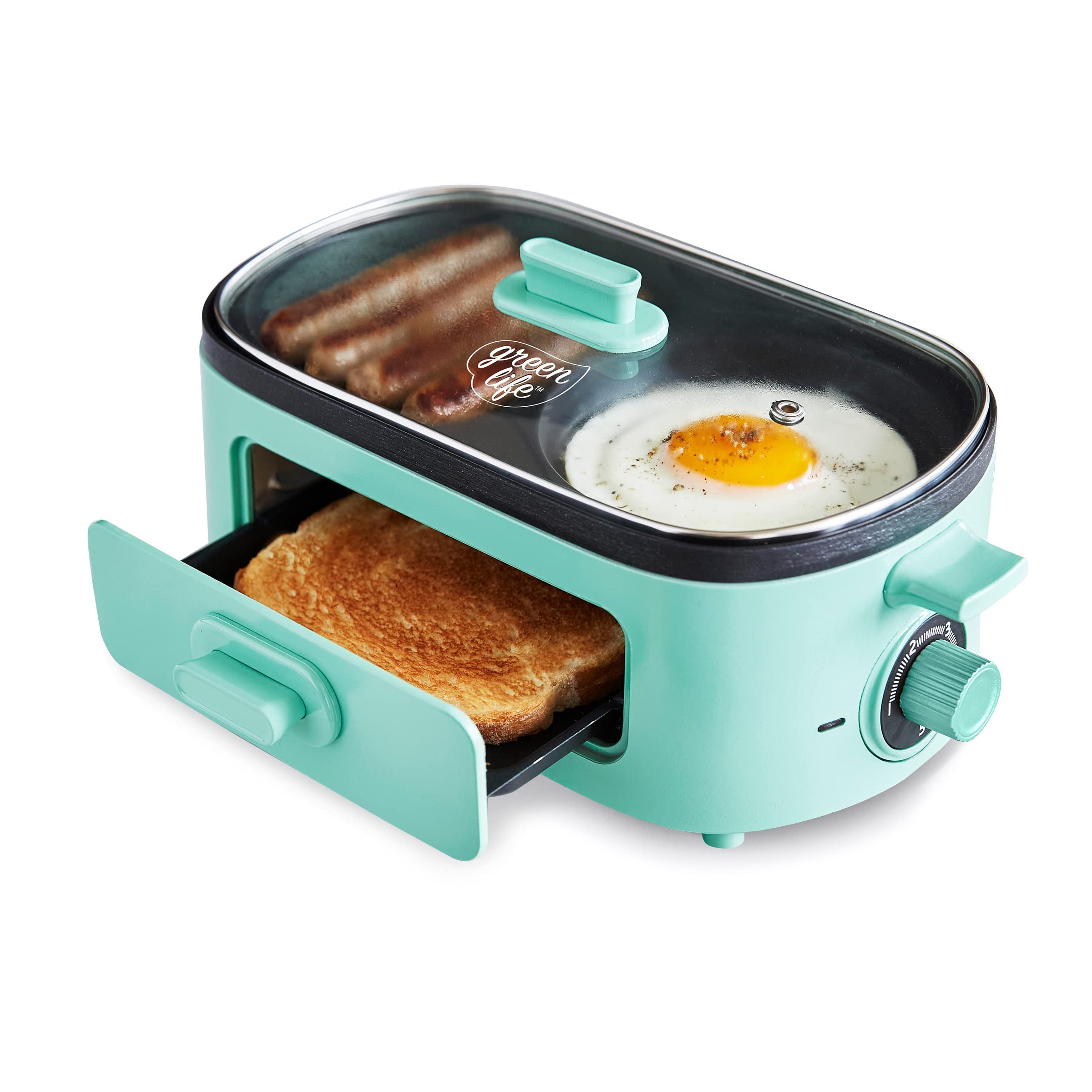 GreenLife 3-in-1 Breakfast Maker Station - Healthy Ceramic Nonstick Dual Griddles for Eggs, Meat, Sausage, Bacon, Pancakes & Breakfast Sandwiches with 2-Slice Toast Drawer & Easy Timer - Perfect for Quick Breakfasts, Family Meals & Small Kitchens (Turquoise)