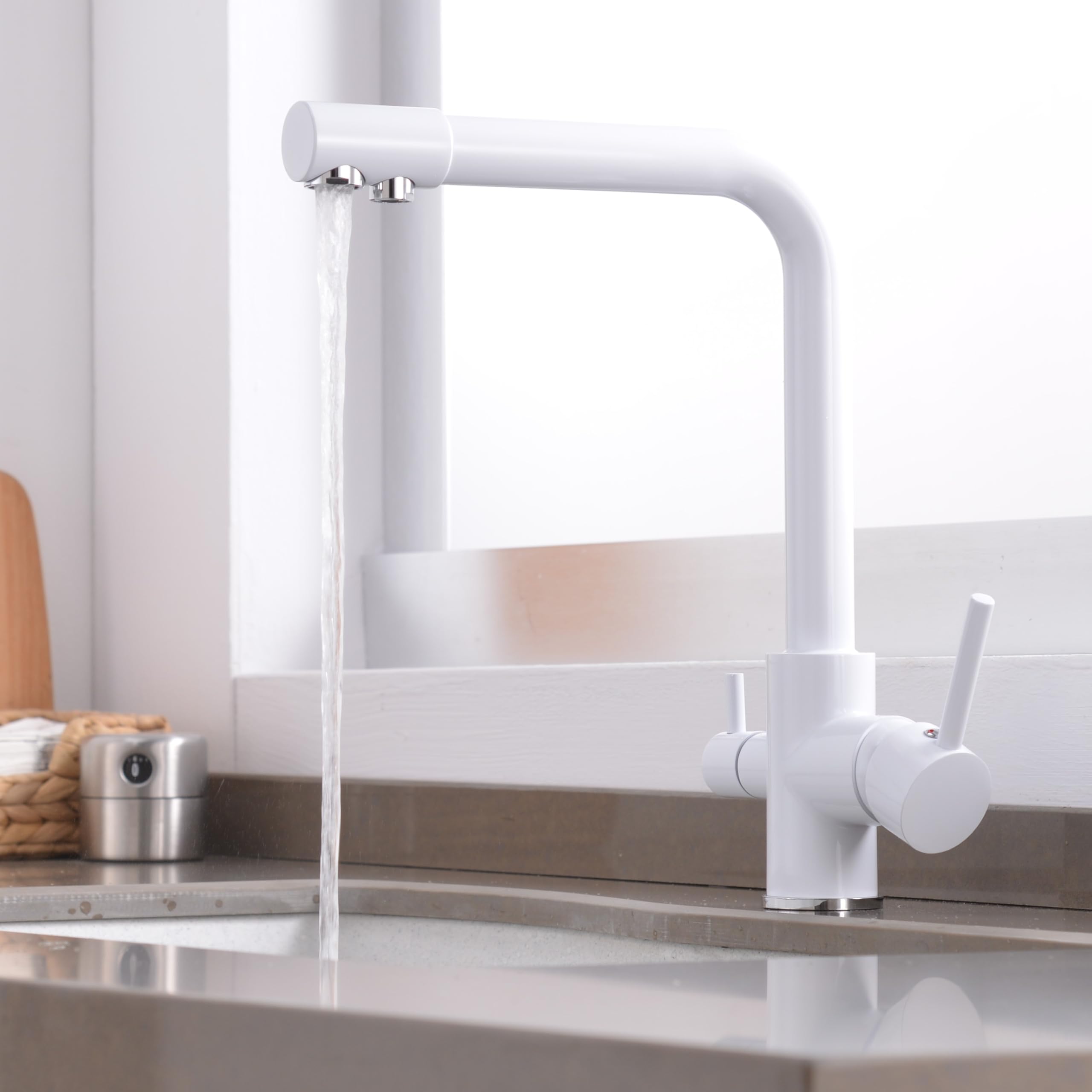 360° Swivel Brass Kitchen Sink Faucet with 3-Way Water Filter - Dual Lever Deck Mounted White Faucet for Modern Home Kitchen & RV Use