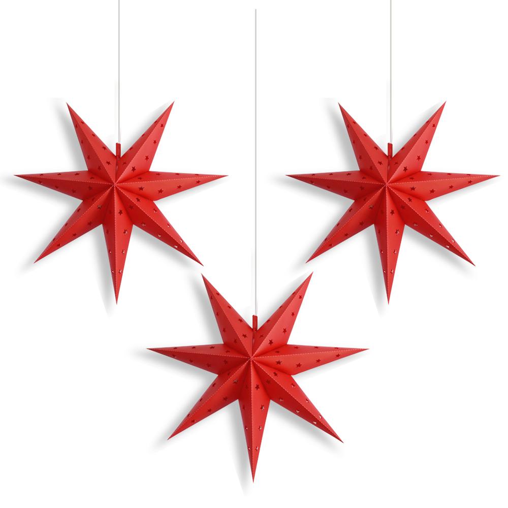3 Pack 18 Inch Red 7-Point Weatherproof Outdoor Plastic Star Lanterns with LED Bulbs & Lamp Cord - Christmas, Halloween, Patio, Garden, Party Decoration Lights