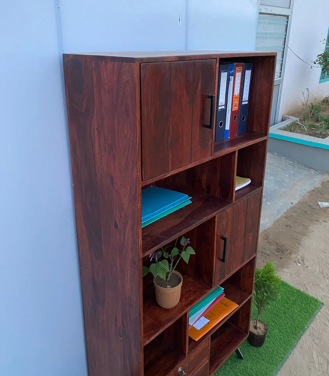 Gfine Solid Sheesham Wood Bookshelf with 2 Doors & 2 Drawers - 86x40x183cm - Stylish Home Office & Living Room Storage Solution