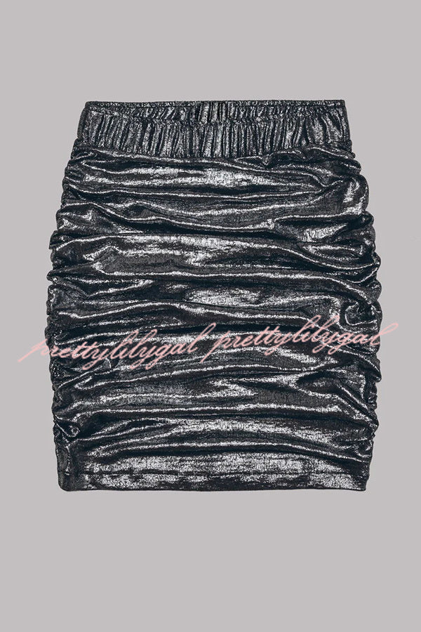 Glitter Fabric Ruched Elastic Waist Mini Skirt for Women - Party, Club, Night Out & Special Occasions - Sexy High Waist Bodycon Skirt for Dancing and Date Nights