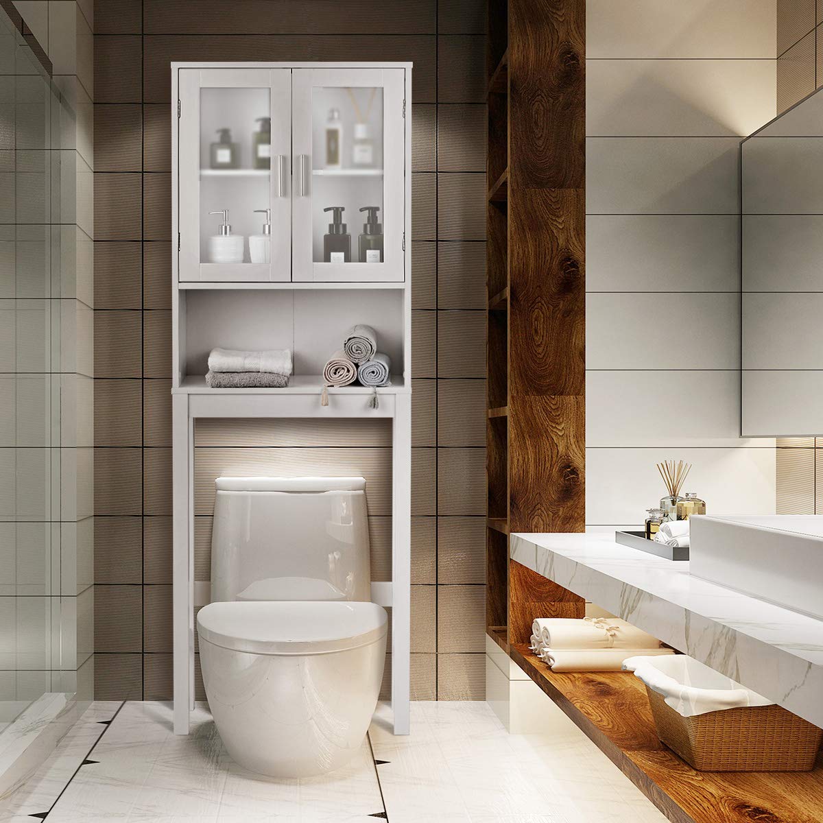 Over The Toilet Storage Cabinet - Bathroom Organizer with Frosted Glass Doors, Adjustable Shelves & Open Compartment - Freestanding Toilet Rack for Washroom, Laundry & Bath Essentials (67