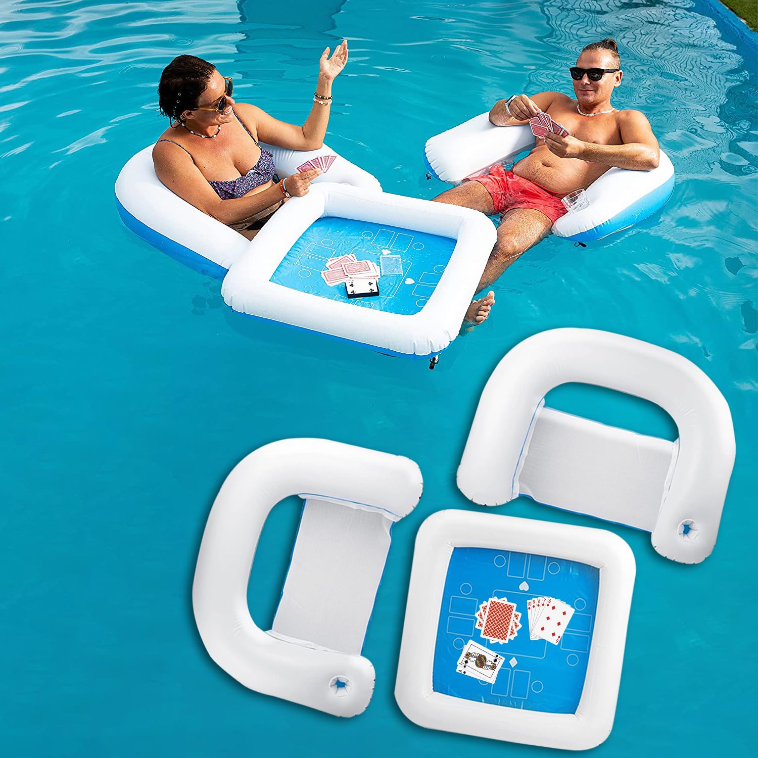 Inflatable Pool Table Game Set with Waterproof Playing Cards, Poker Deck & Chairs - Portable Card Table with Inflatable Seats for Beach, Pool Party & Backyard Water Fun | Outdoor Summer Entertainment for Adults & Kids