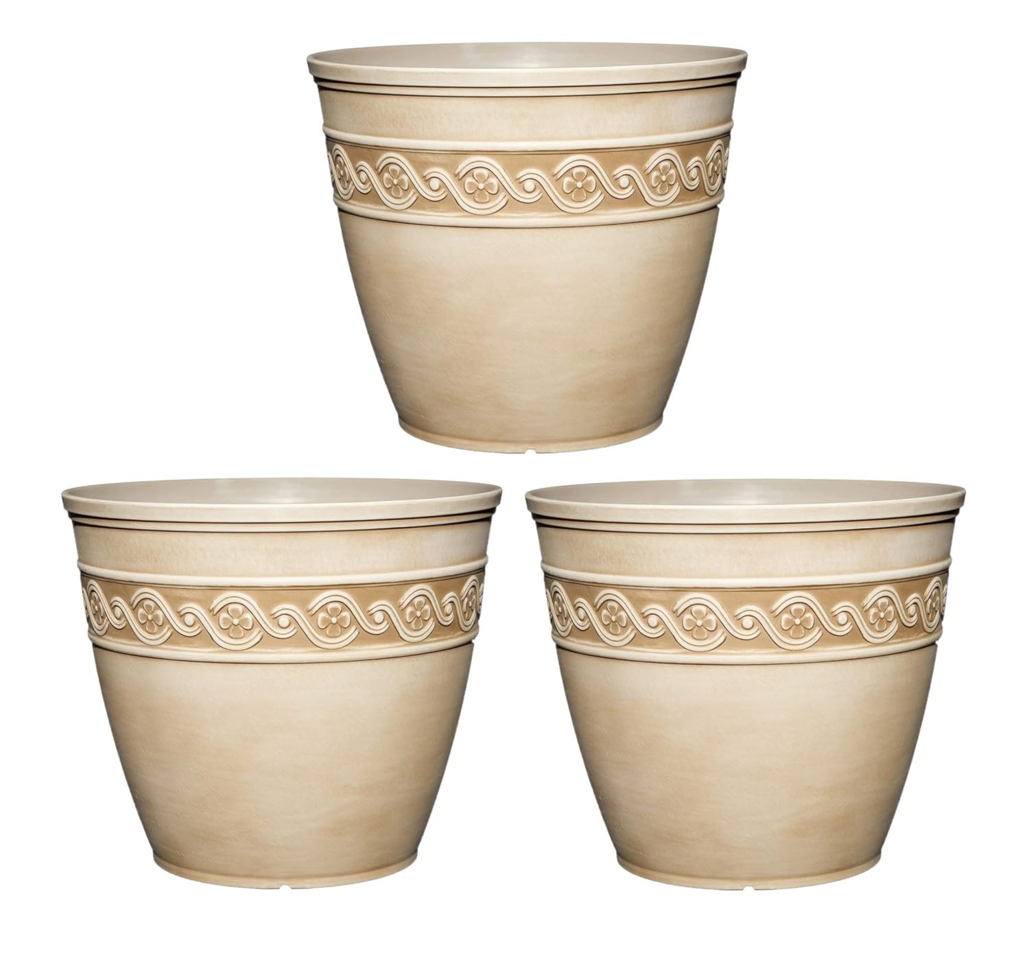 Classic Corinthian Round Resin Flower Planter Pot - 8 Inch Desert Color (Pack of 3) for Indoor Plants, Outdoor Garden Decor, Patio, Balcony & Home Décor