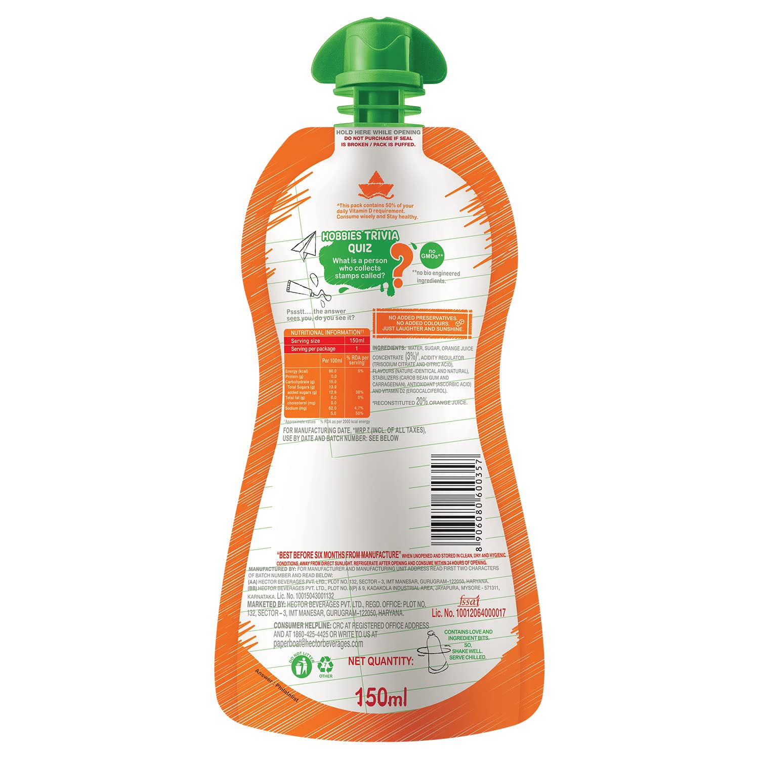 Organic Paper Boat Orange Juice with Vitamin D - No Preservatives, No Artificial Colors - 9 Pack (150ml Each) - Perfect for Kids Lunchboxes, Healthy Snacks & On-the-Go Hydration