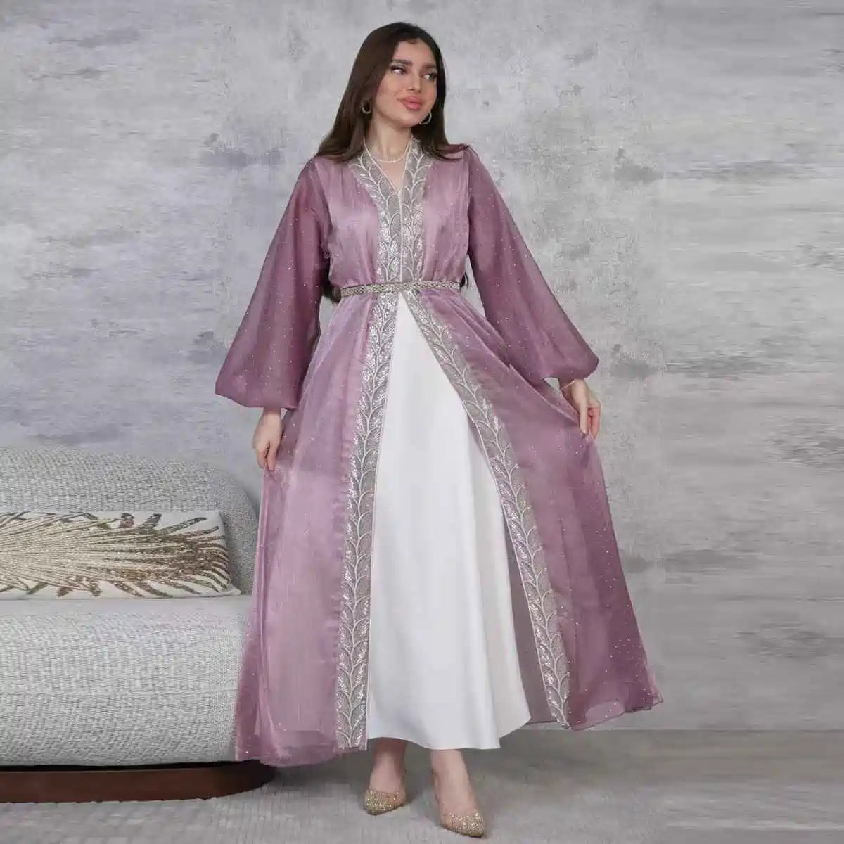 2-Piece Hotfix Rhinestone Caftan Dress Set with Inner Sleeveless Dress #25453 - Elegant Beach Cover Up, Evening Party Wear, Summer Boho Outfit