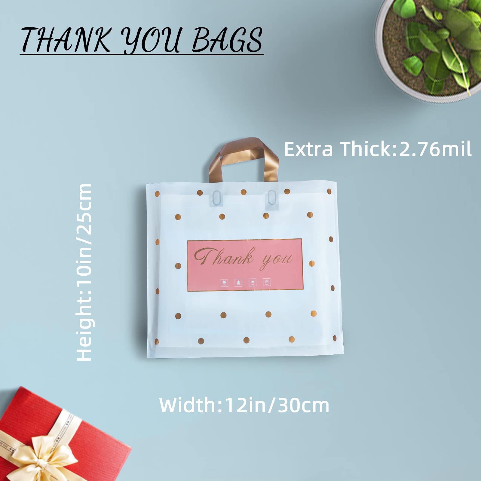 MLAFLY 50 Pack Thank You Bags - Small 10x12 Inch Polka Dot Plastic Shopping Bags for Retail, Boutique & Small Business | Customer Appreciation, Party Favors & Goodie Bags | Perfect for Gift Wrapping, Store Purchases & Event Giveaways