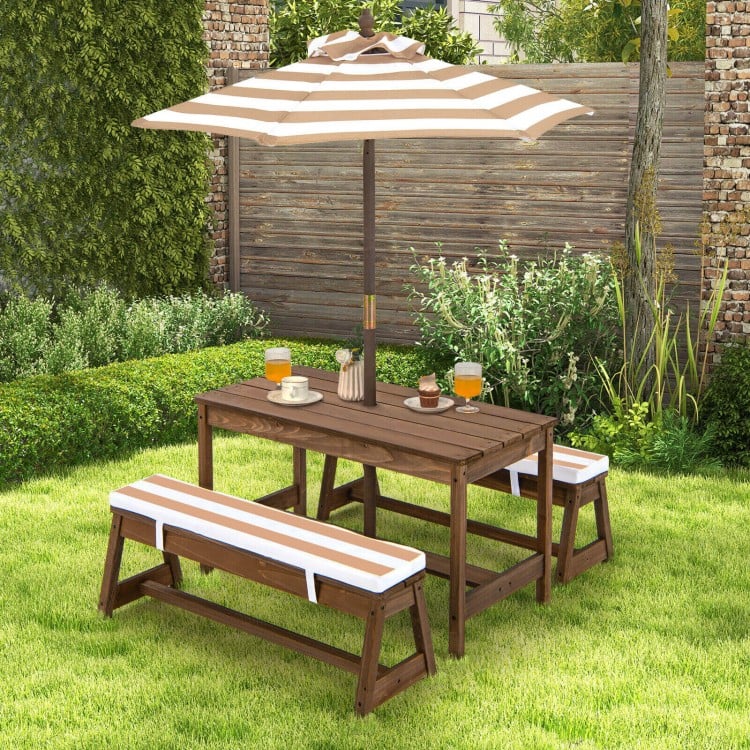 Adjustable Height Kids Picnic Table Set with Cushions & Umbrella - Outdoor Play, Backyard, Garden, Park, and Patio Fun for Toddlers & Children (Brown)