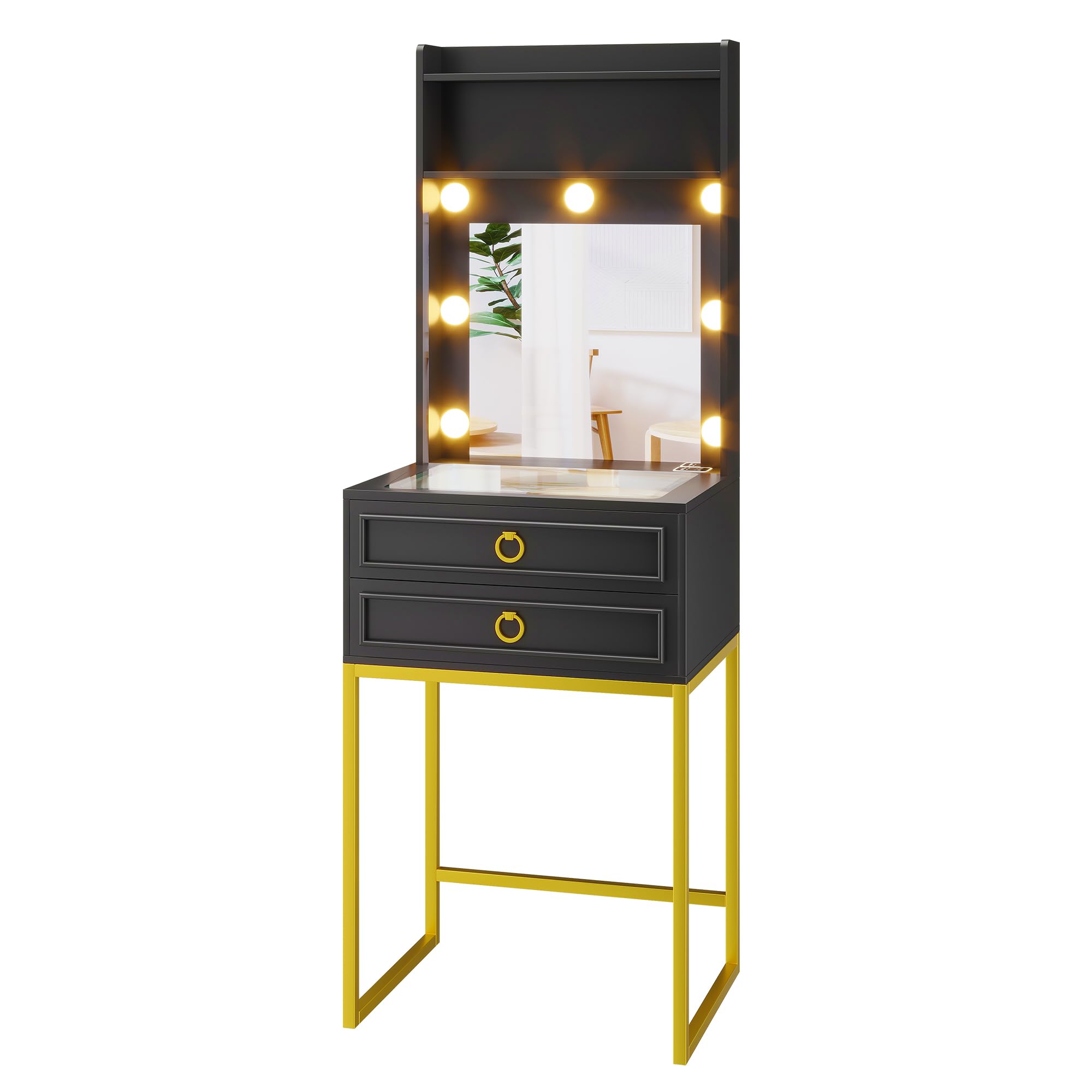 LVSOMT Small Makeup Vanity with Glass Top - Black Vanity Desk with LED Lighted Mirror & Motion Sensor - Mini Dressing Table for Bedroom, Apartment, Bathroom - Perfect for Makeup Application & Beauty Routine