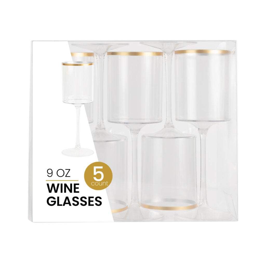 9 Oz Clear and Gold Plastic Stemmed Wine Goblets - Set of 5 Shatterproof Cups for Parties, Weddings, and Outdoor Events