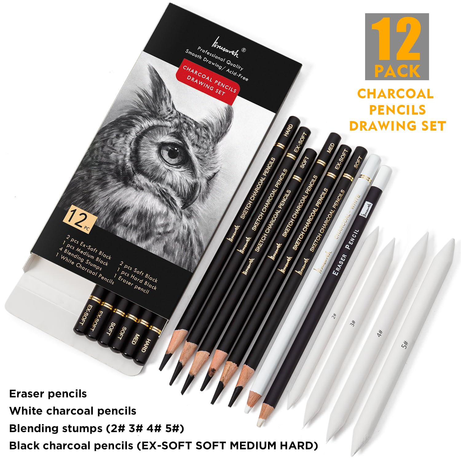 Professional 12-Piece Charcoal Drawing Set - Black & White Charcoal Pencils, Blending Stumps, Eraser Pencils for Sketching, Shading & Art | Perfect for Beginners & Professional Artists | Ideal for Portrait Drawing, Still Life & Art Classes