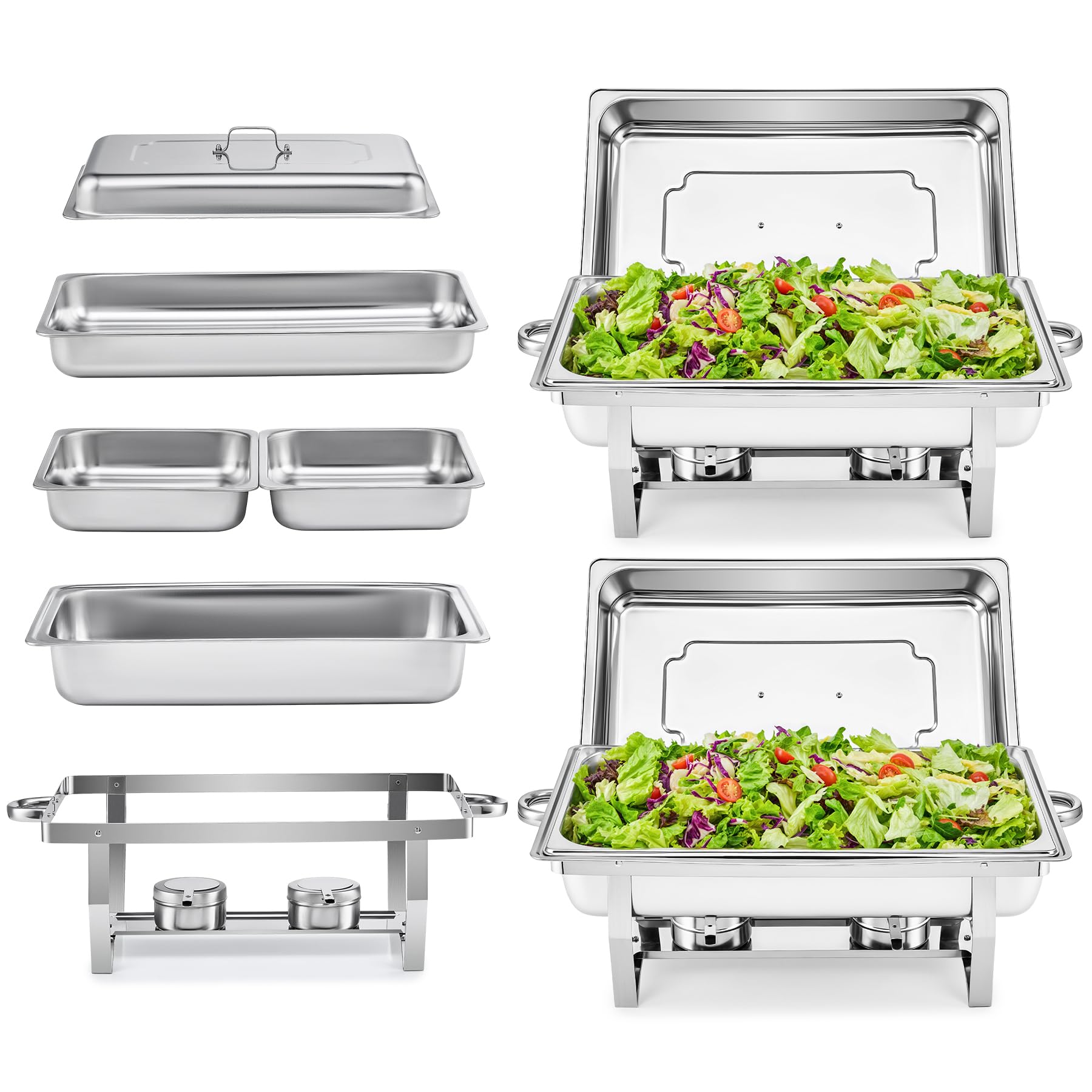 2-Pack Stainless Steel Chafing Dish Buffet Set - 8 Qt Catering Warmers with 2 Full & 4 Half Size Pans, Lids & Foldable Frames - Perfect for Parties, Buffets, Banquets, Weddings & Dinner Events - Keep Food Warm for Hours