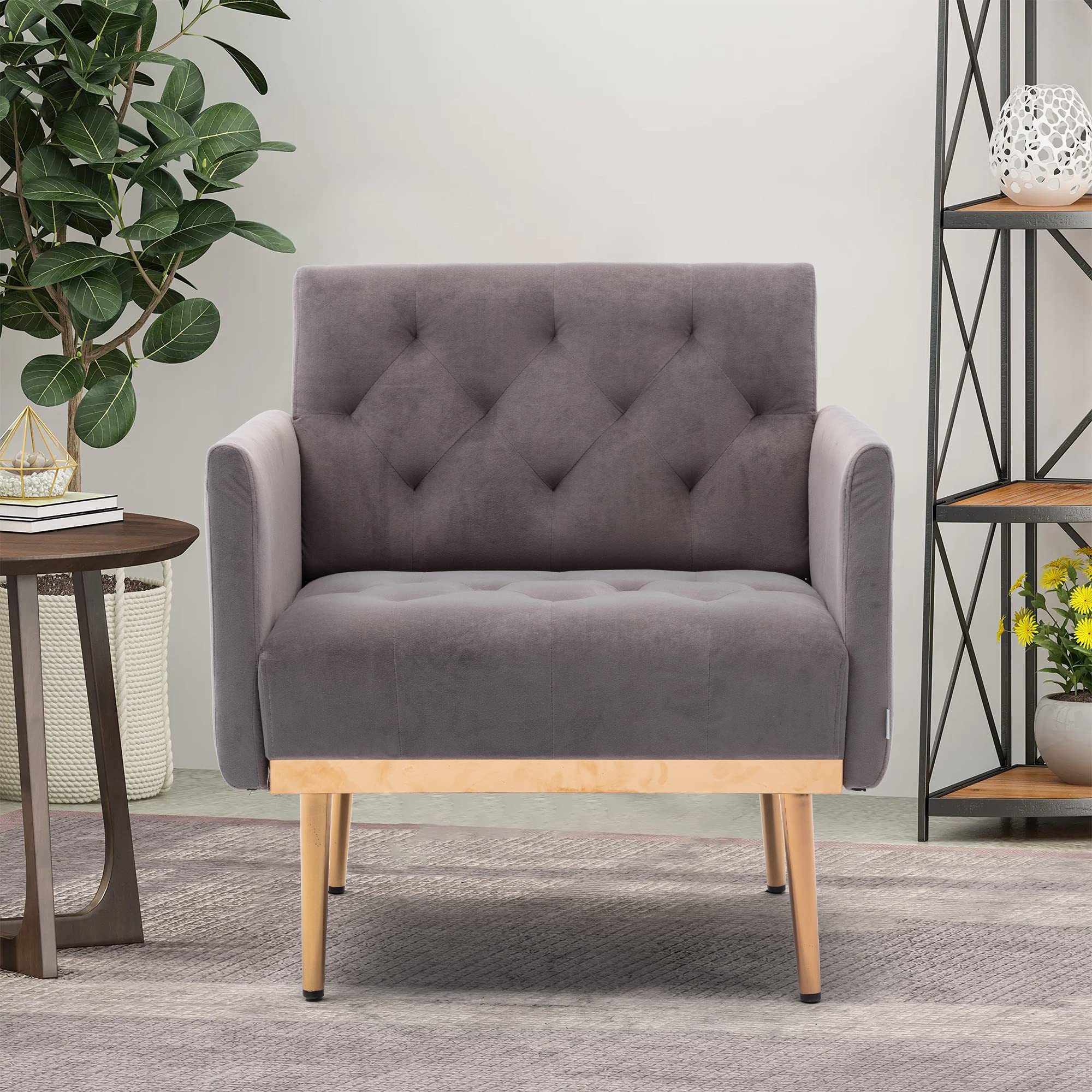 Modern Velvet Accent Chair with Rose Gold Legs - Plush Comfort Armchair in Gray for Living Room, Bedroom & Office Decor