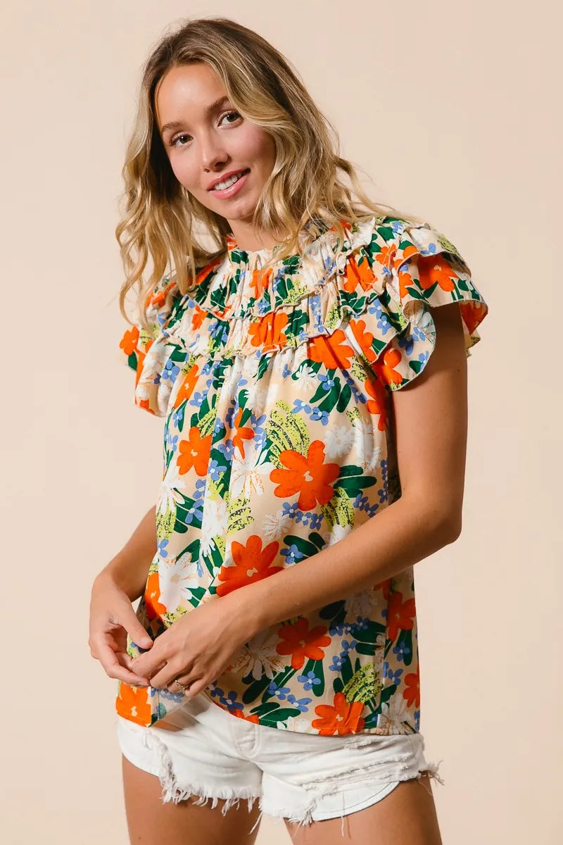 BiBi Women's Floral Print Woven Blouse - Casual Short Sleeve Summer Tops for Beach, Vacation & Everyday Wear
