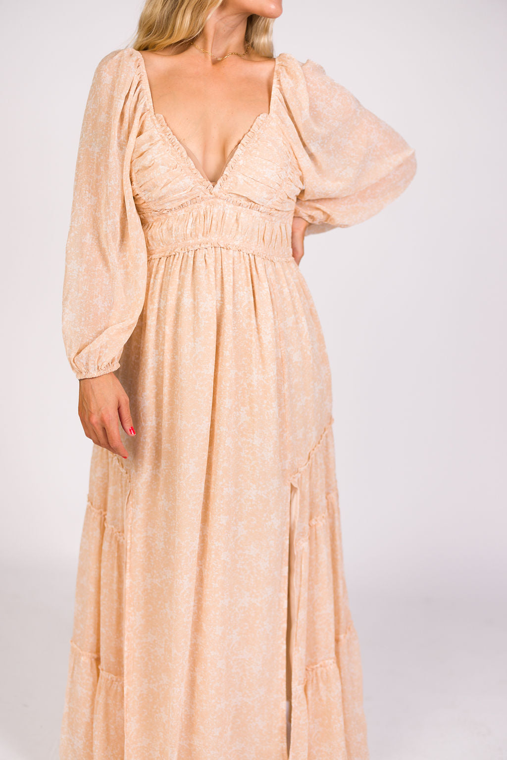 Daphne Long Sleeve Maxi Dress - Light Beige/White Floral Print | Bump Friendly Maternity & Inclusive Sizing (XS-3XL) | Perfect for Pregnancy, Weddings & Special Occasions